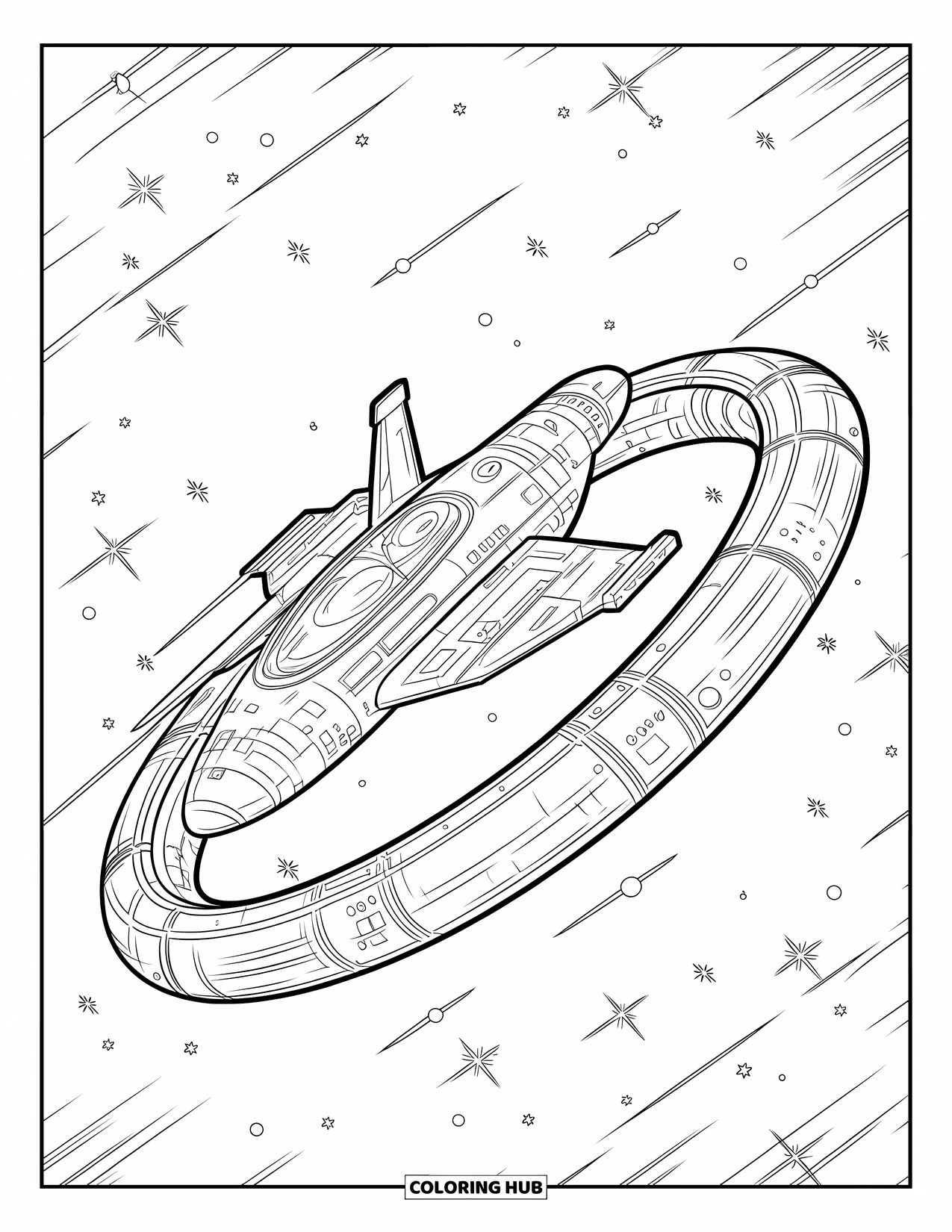 Spaceship Coloring Page for Kids: Smooth spaceship approaches a ring satellite under a starry galaxy sky