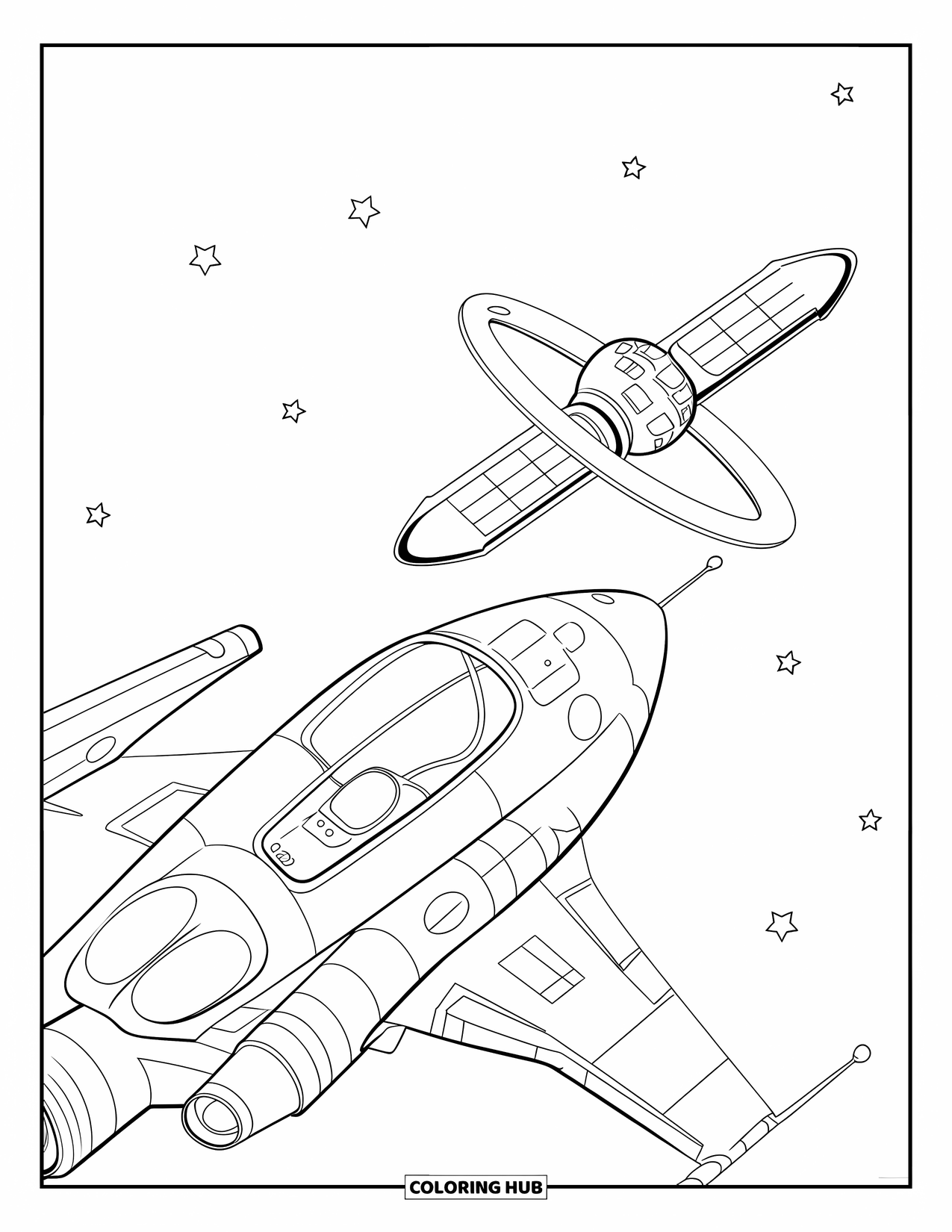 Spaceship Coloring Page for Kids: Spaceship docks with a ring-shaped satellite in the middle of the stars