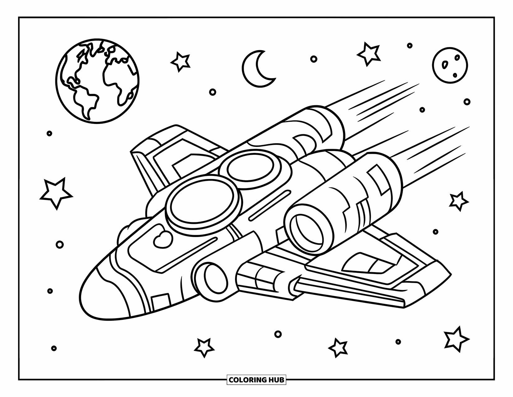 Spaceship Coloring Page for Kids: Spaceship flies around a small Earth and moon with stars nearby