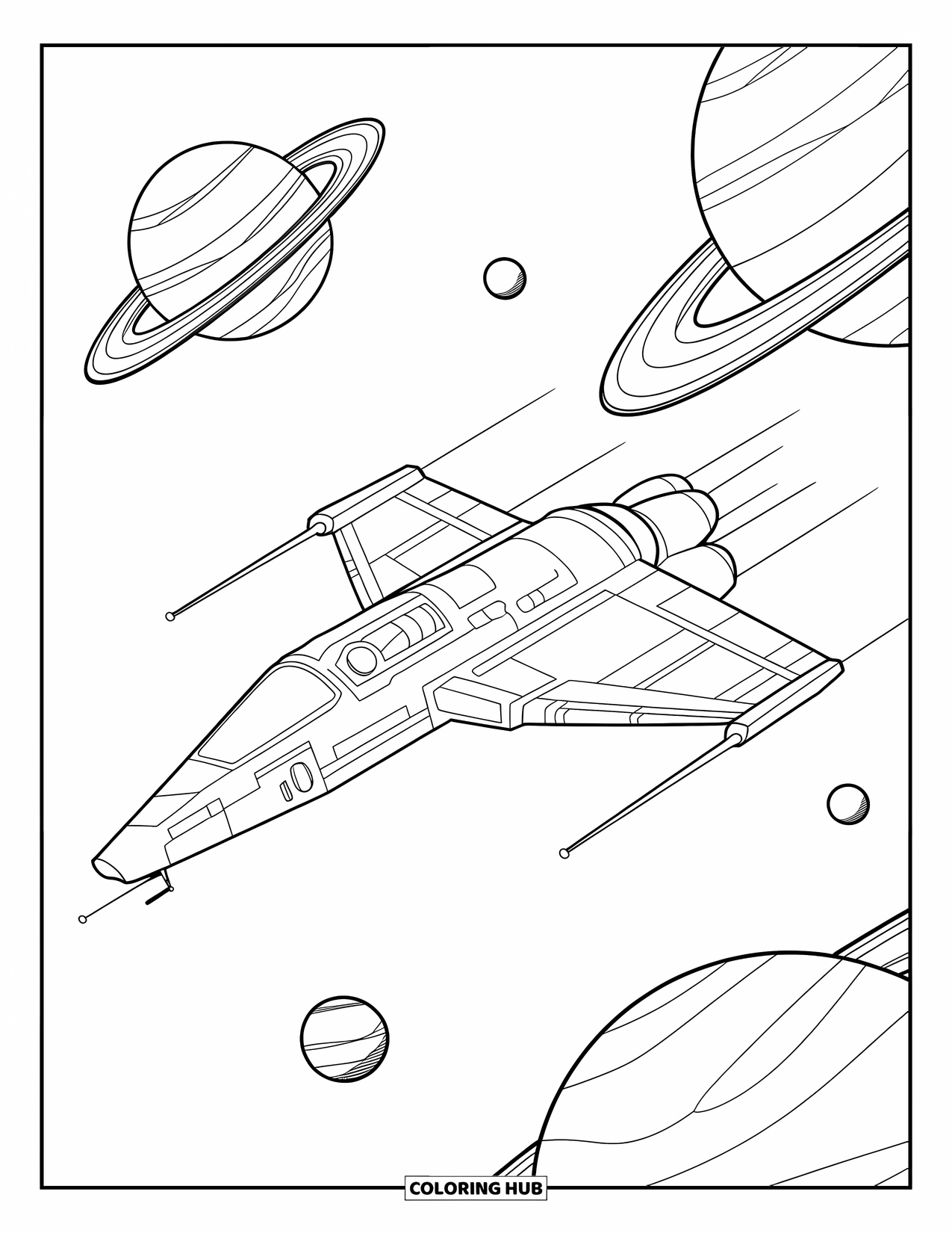 Spaceship Coloring Page for Kids: Spaceship zooms between Saturn-like planets and small floating moons