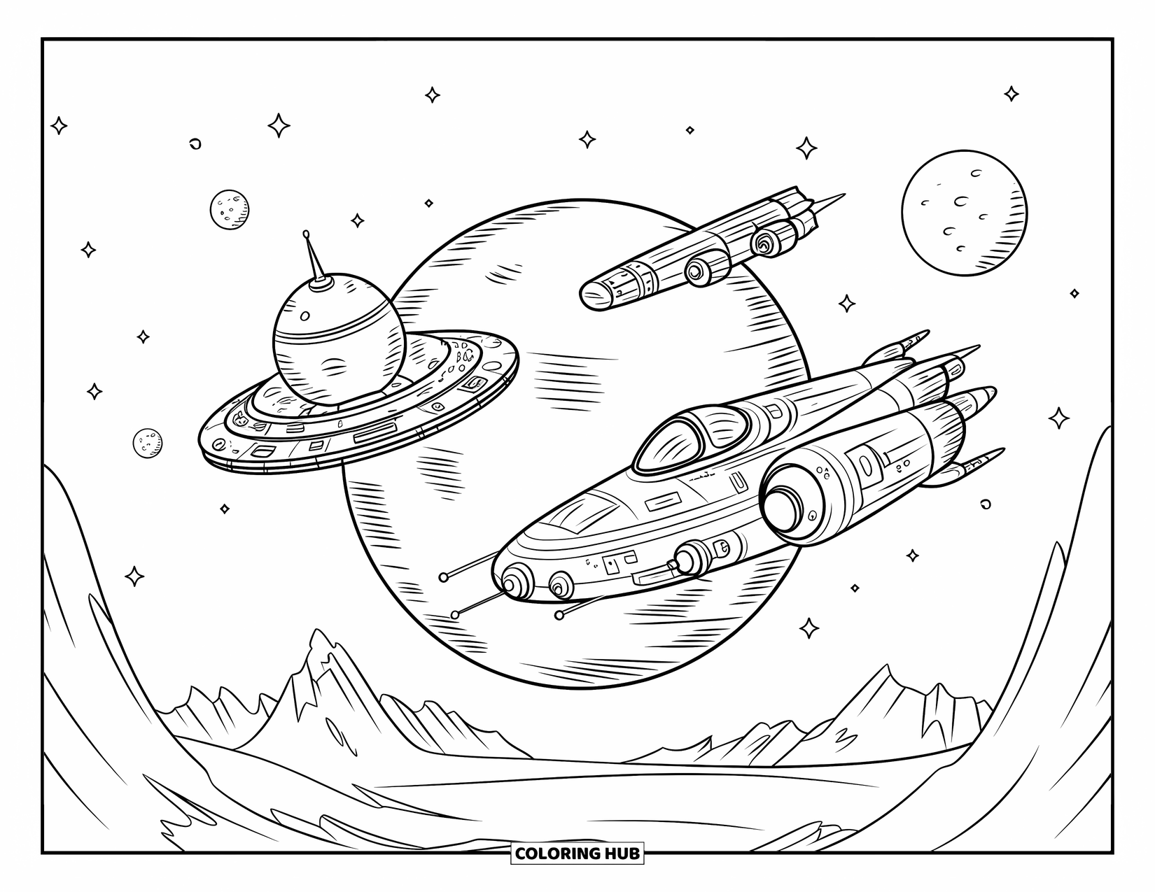 Spaceship Coloring Page for Kids: Sphere, cylinder, and cone-shaped ships circle a cratered planet with moons