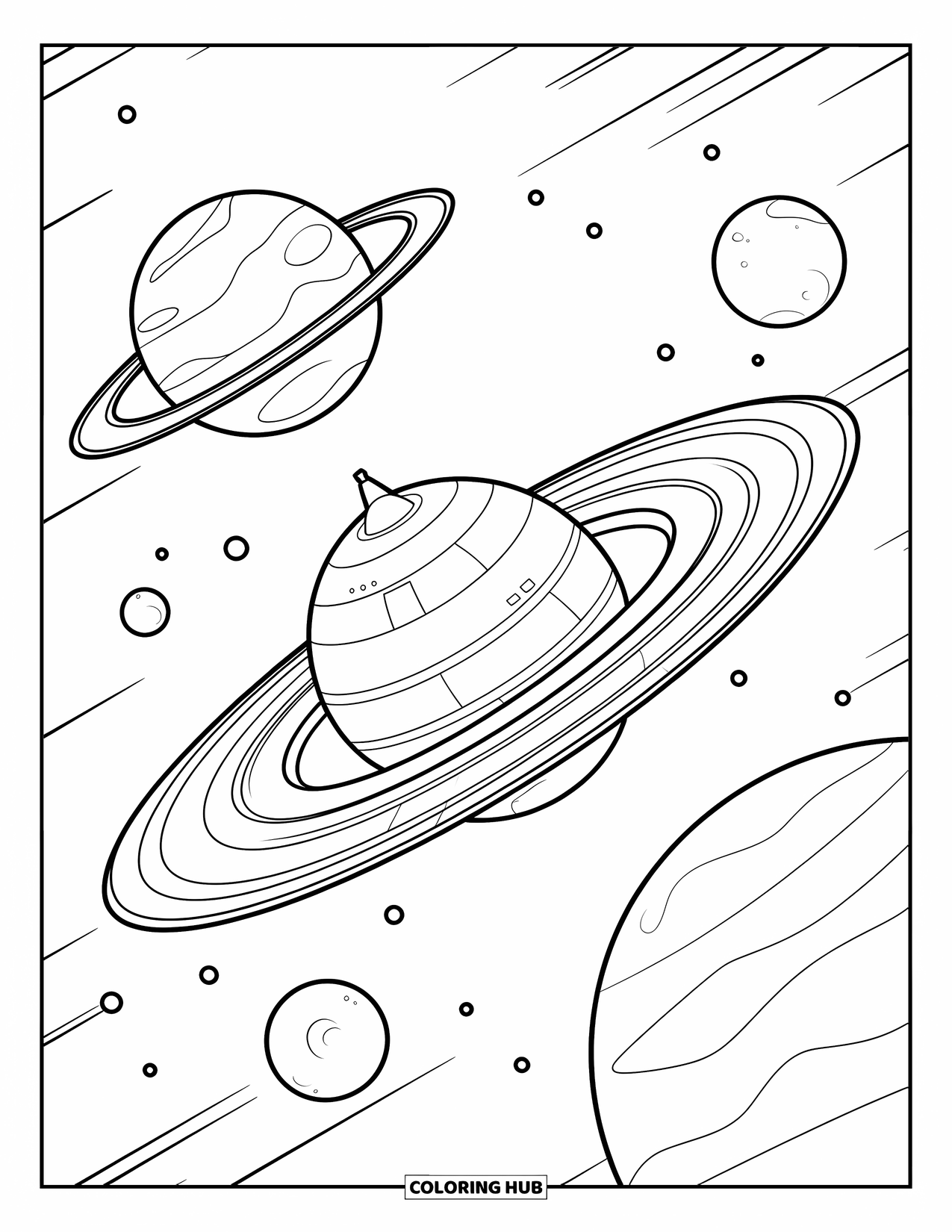 Spaceship Coloring Page for Kids: Spherical spaceship zips past ringed planets and orbiting moons