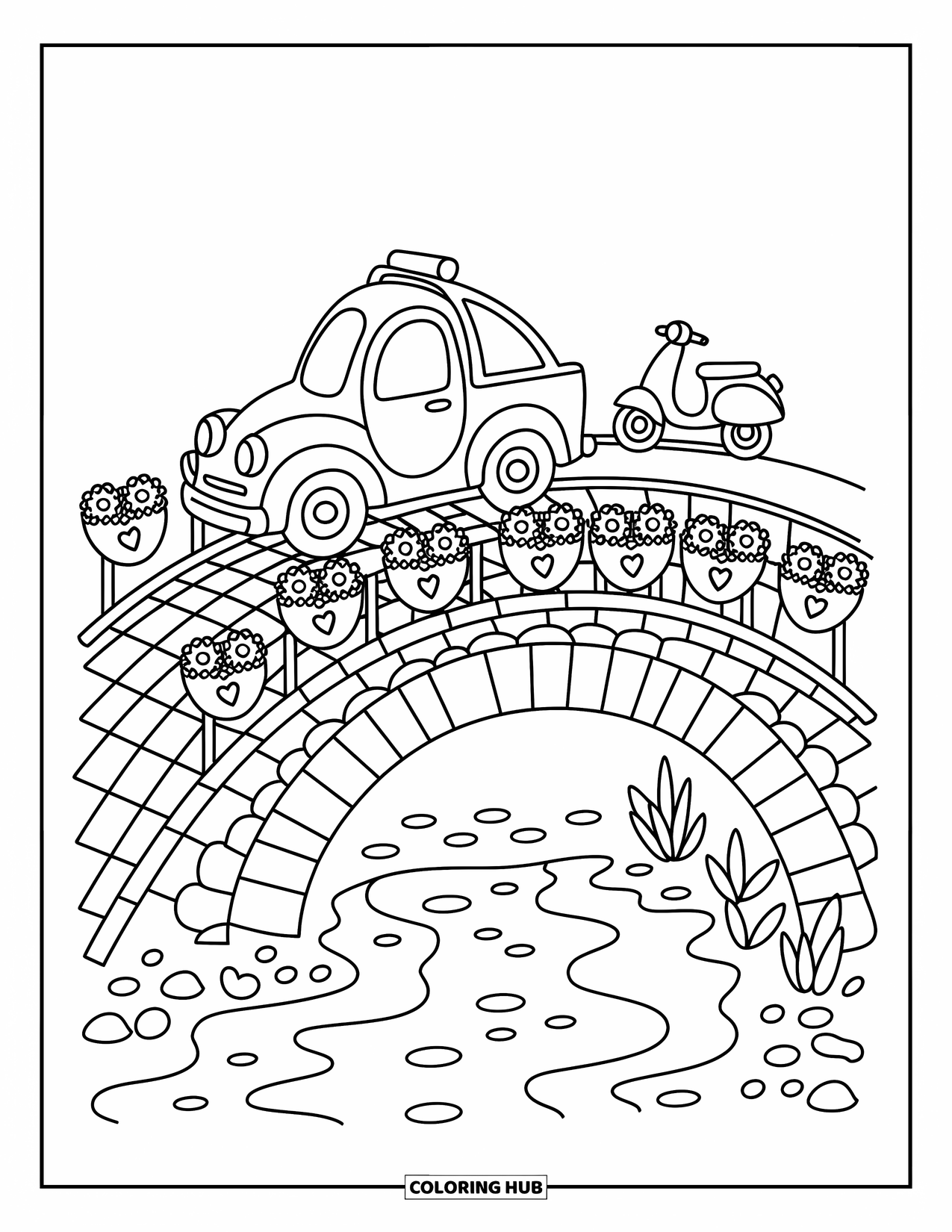 Tow Truck Coloring Page for Adults: A cheerful tow truck pulls a scooter across a bubbly bridge with cute flower baskets