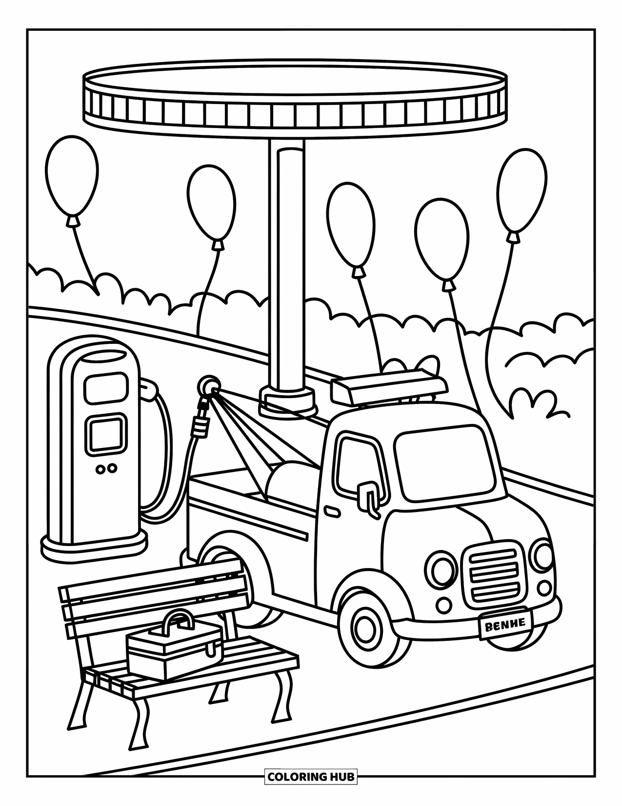 Tow Truck Coloring Page for Adults: A cheerful tow truck rests at a gas stop with balloons and a mini lunch scene