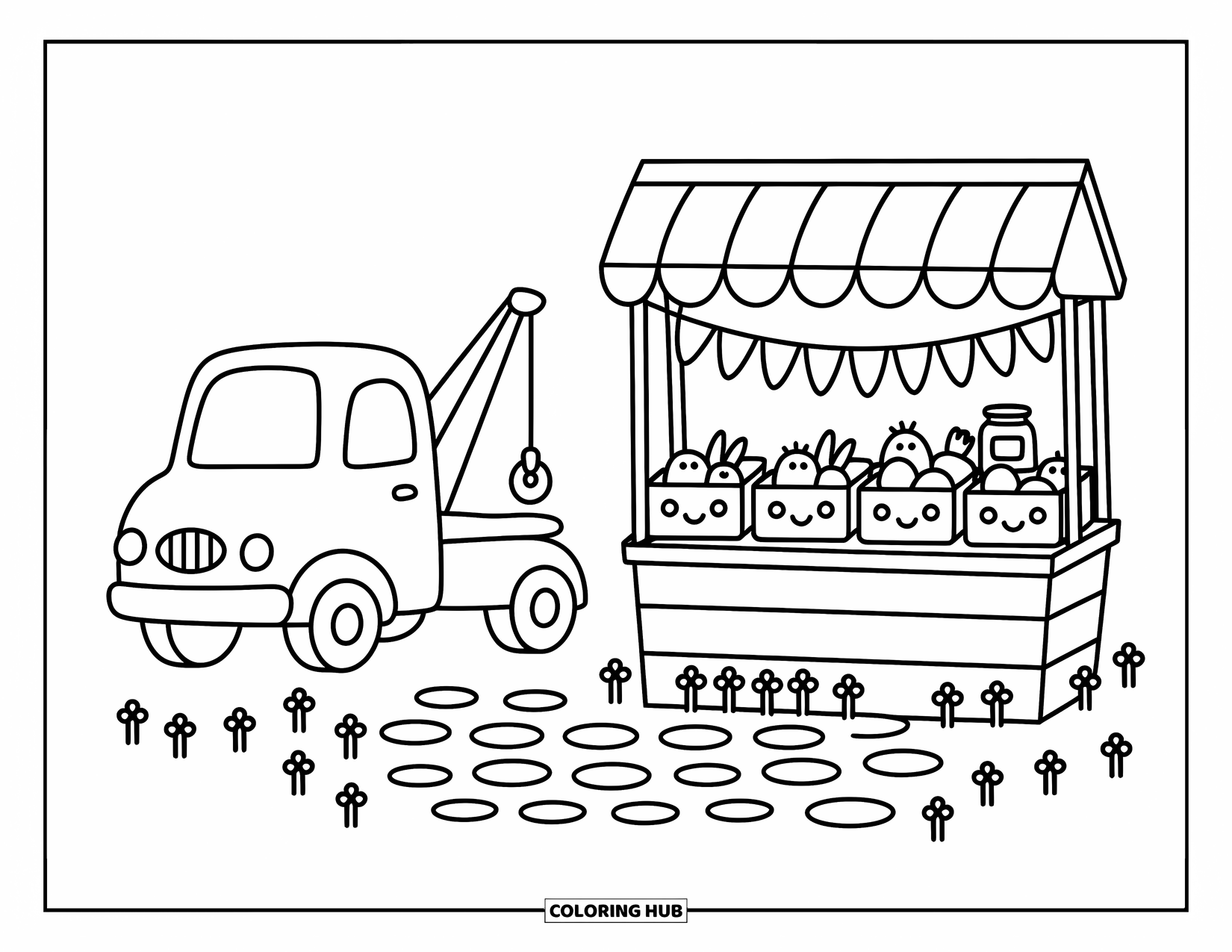 Tow Truck Coloring Page for Adults: A cheerful truck parks by a cozy market full of jam jars and happy veggies