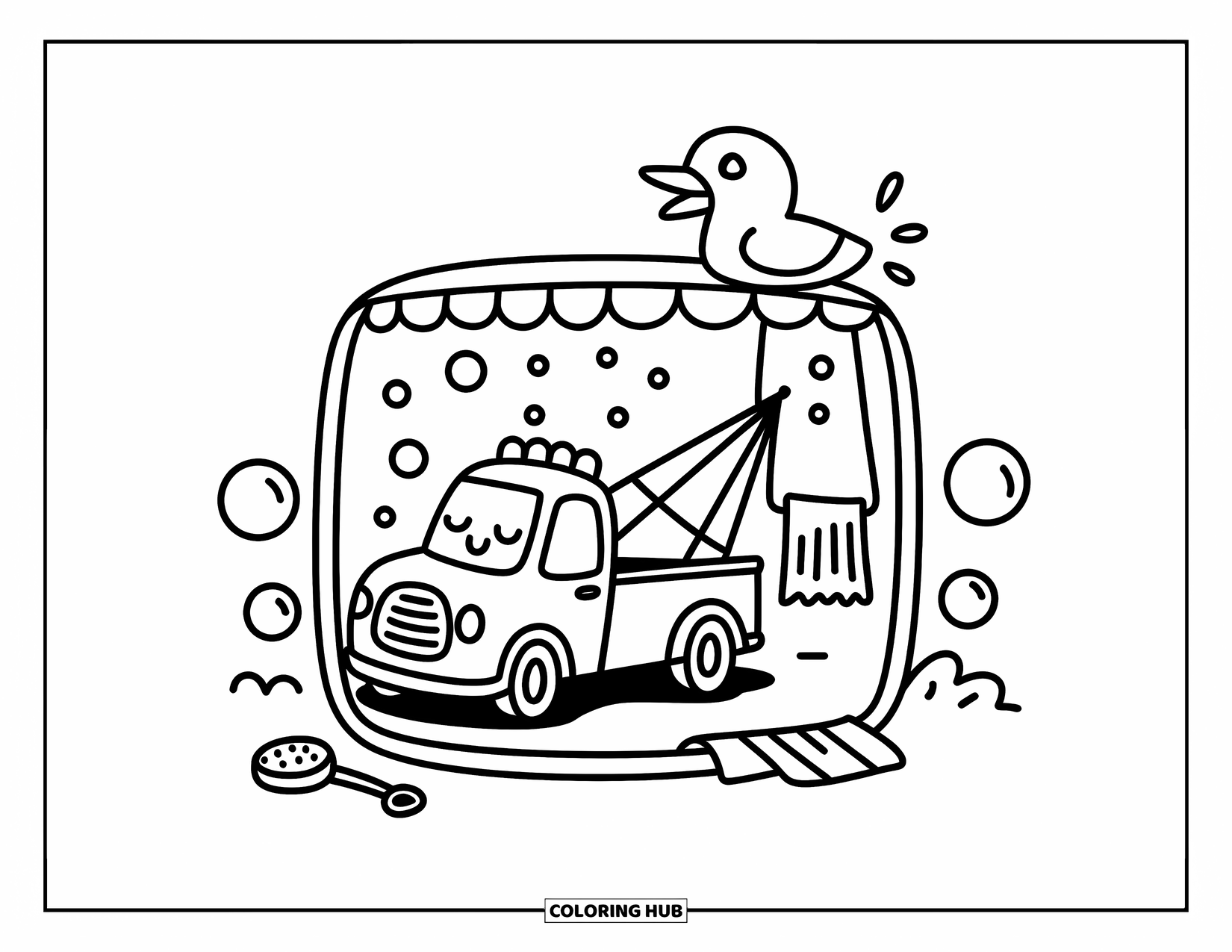 Tow Truck Coloring Page for Adults: A content tow truck gets pampered in a wash full of bubbles and soft towel touches