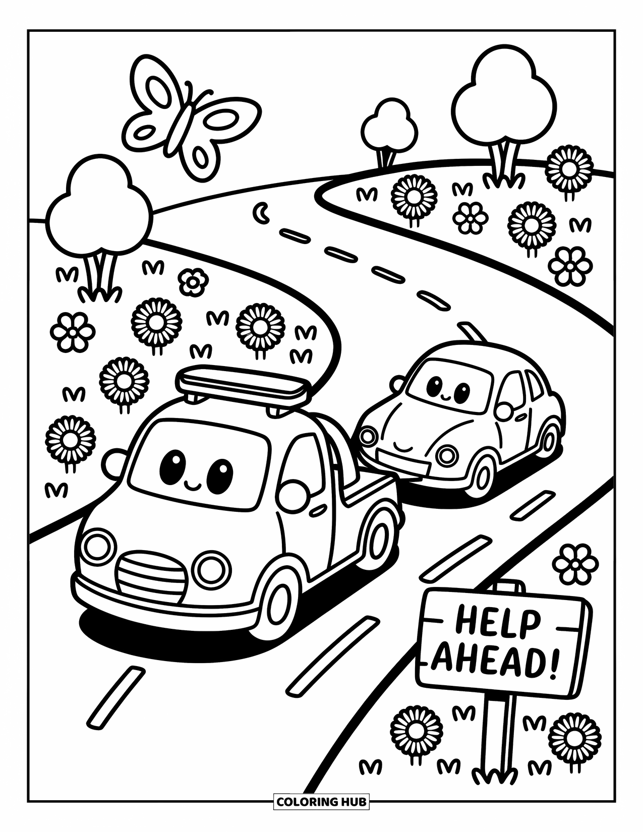 Tow Truck Coloring Page for Adults: A cute tow truck helps a car up a hill with flowers, trees, and a sweet sign