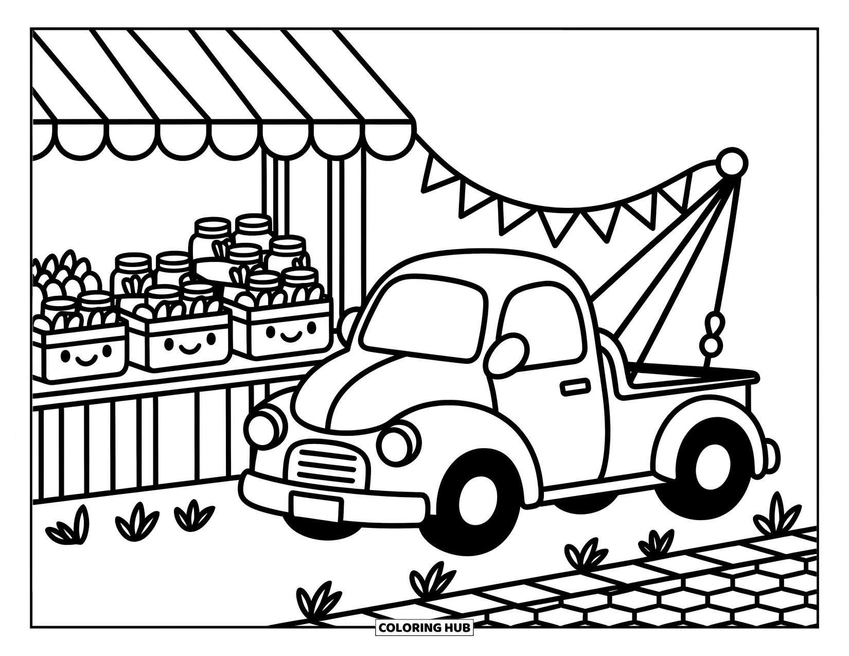 Tow Truck Coloring Page for Adults: A cute tow truck parks by a market stall filled with smiling veggies and jam jars