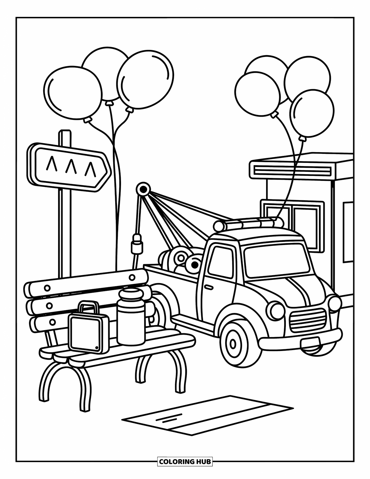 Tow Truck Coloring Page for Adults: A cute truck refuels at a tiny gas station with balloons and a cozy lunch bench
