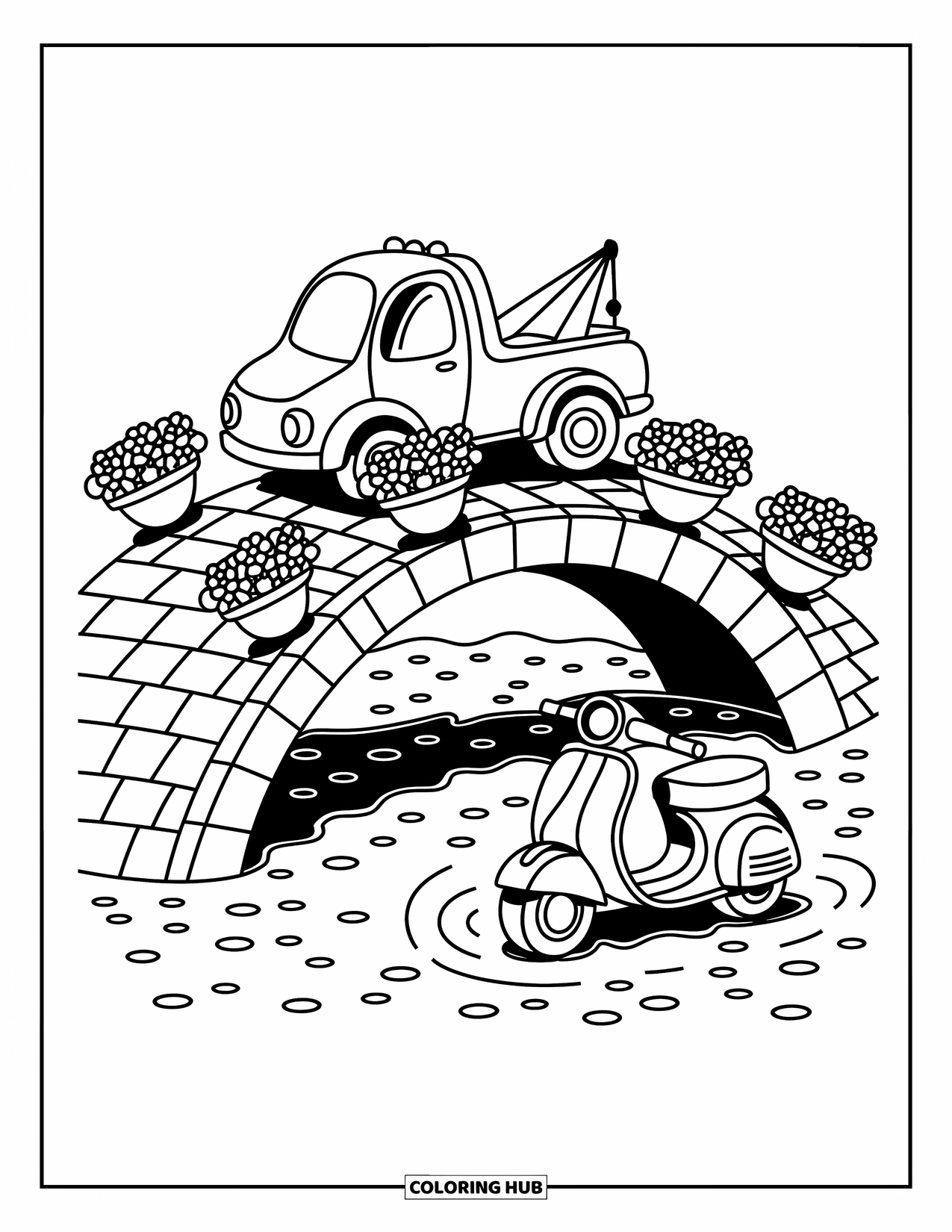 Tow Truck Coloring Page for Adults: A happy tow truck crosses a stone bridge with baskets and heart reflectors