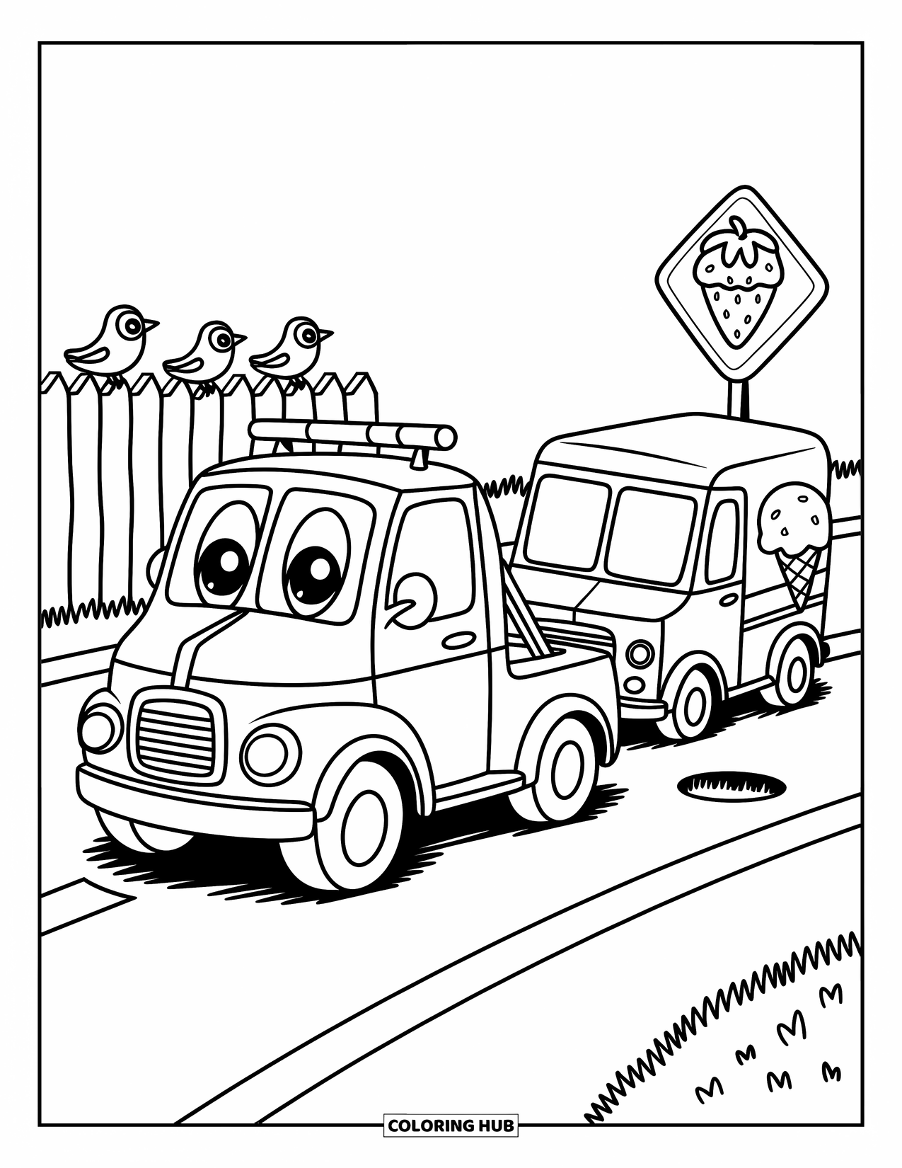 Tow Truck Coloring Page for Adults: A happy tow truck rescues an ice cream truck while birds perch and cones smile
