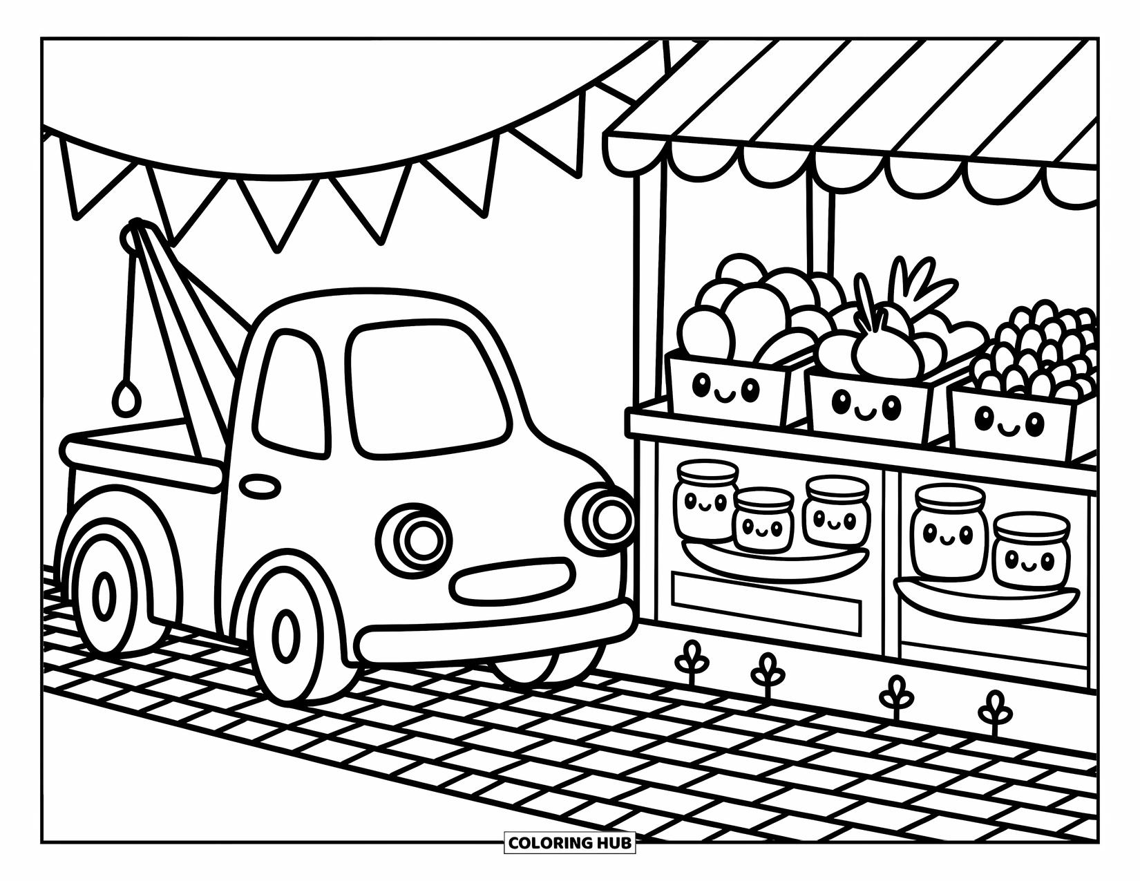 Tow Truck Coloring Page for Adults: A kawaii tow truck and a veggie-filled market share a bunting string and cozy vibes