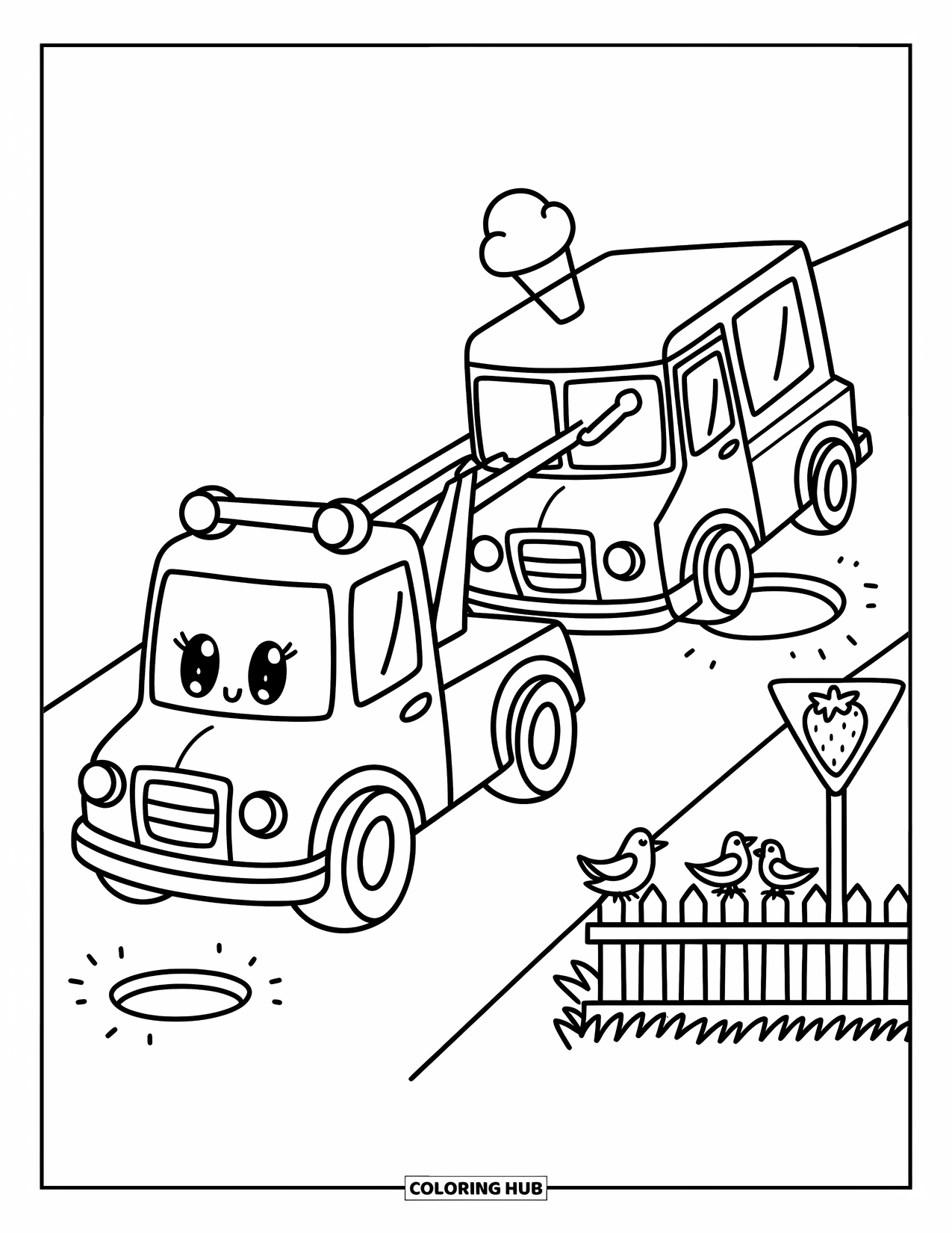 Tow Truck Coloring Page for Adults: A smiling tow truck pulls a stuck ice cream truck with birds watching nearby