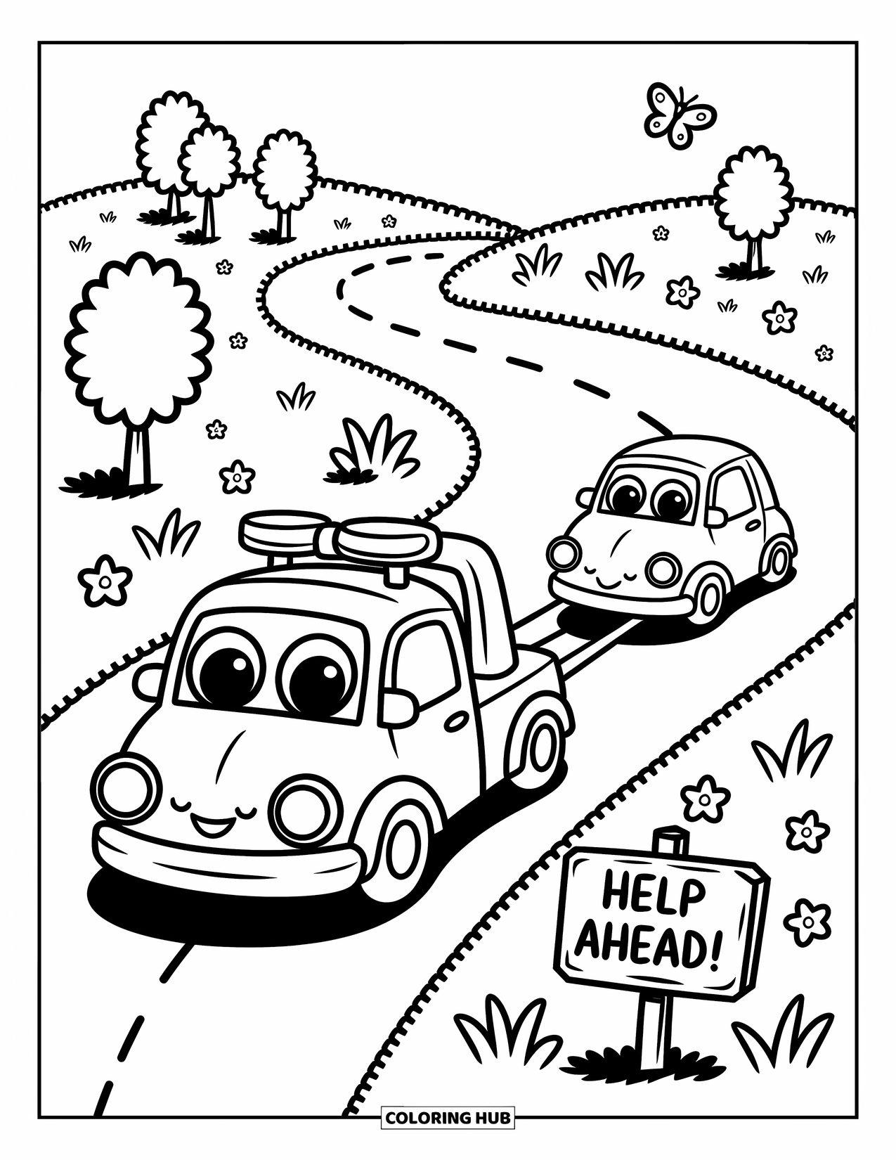 Tow Truck Coloring Page for Adults: A tow truck gently tows a smiling car up a hill past trees and tiny flowers