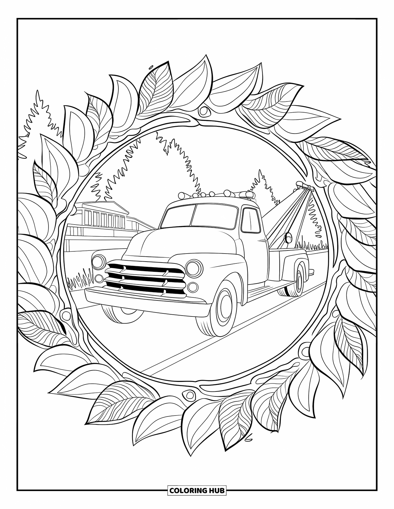 Tow Truck Coloring Page for Adults: Classic tow truck with leaves and petals in a peaceful countryside scene