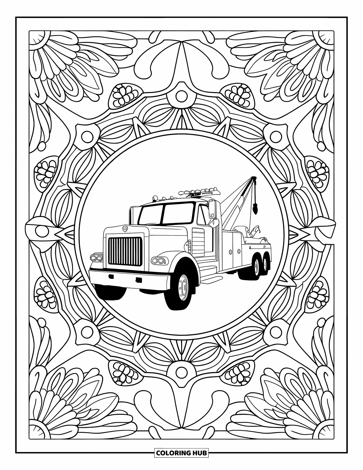 Tow Truck Coloring Page for Adults: Realistic tow truck surrounded by full-page leafy mandala patterns
