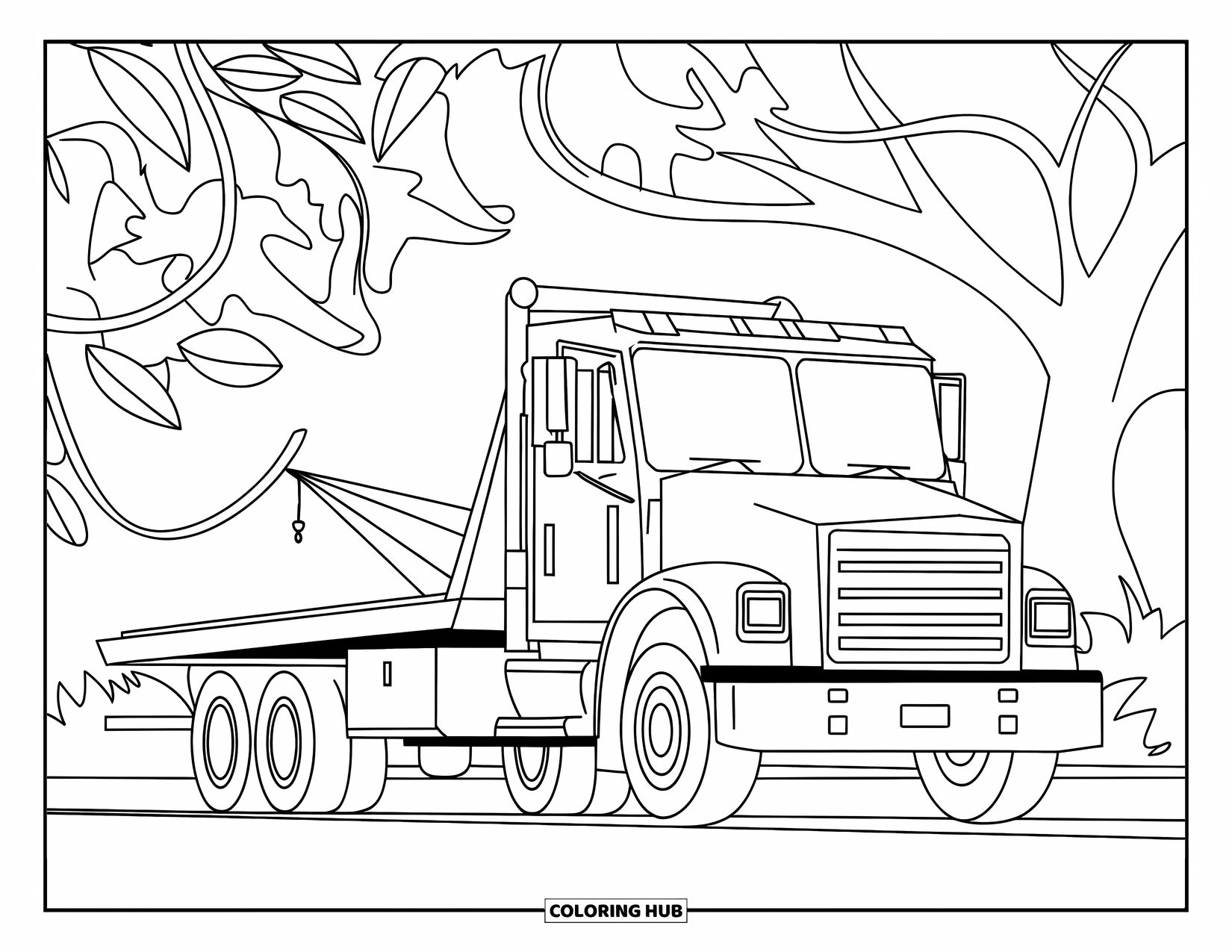 Tow Truck Coloring Page for Adults: Tow truck by a tree with vines and artistic details around it