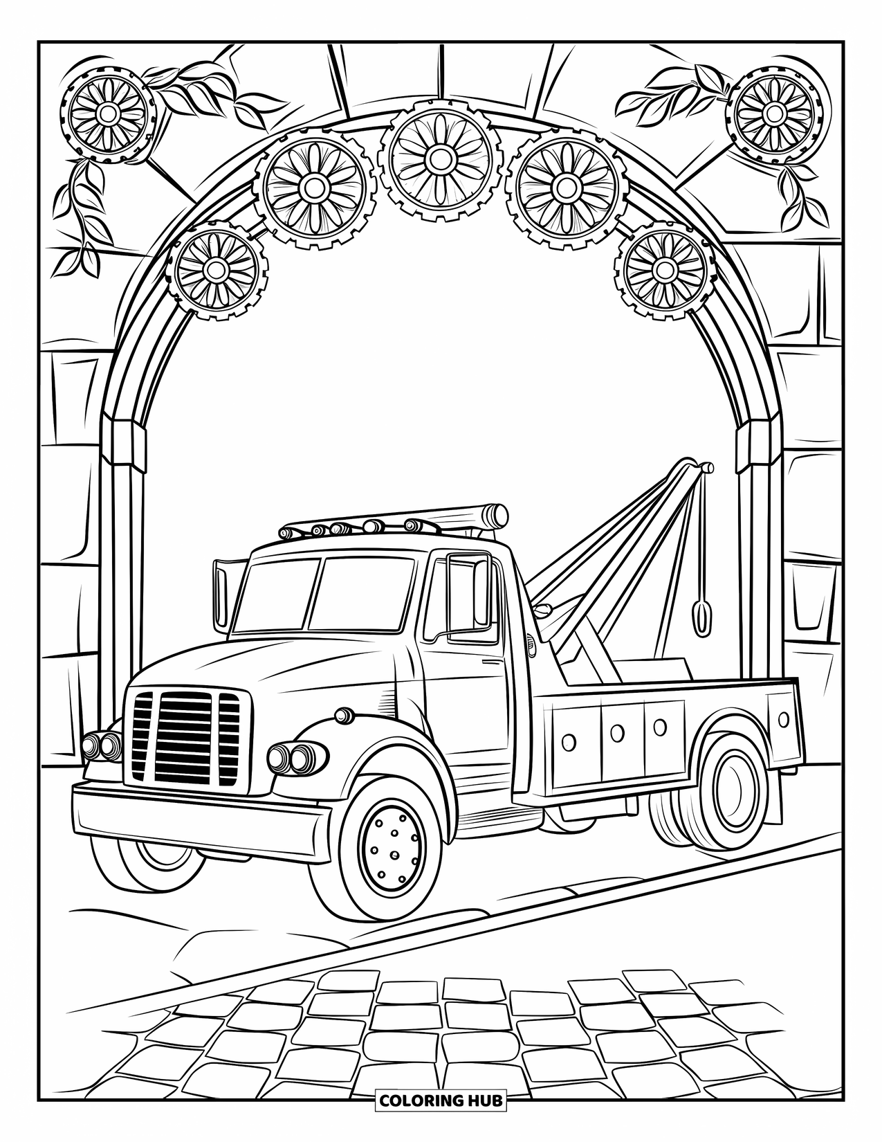 Tow Truck Coloring Page for Adults: Tow truck framed by gearwheels, flowers, and a stone archway