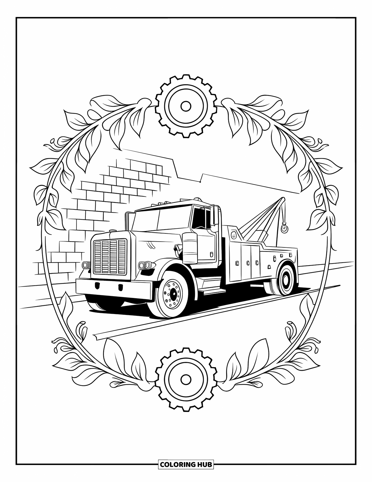 Tow Truck Coloring Page for Adults: Tow truck parked by a wall with flowers and gearwheel decorations