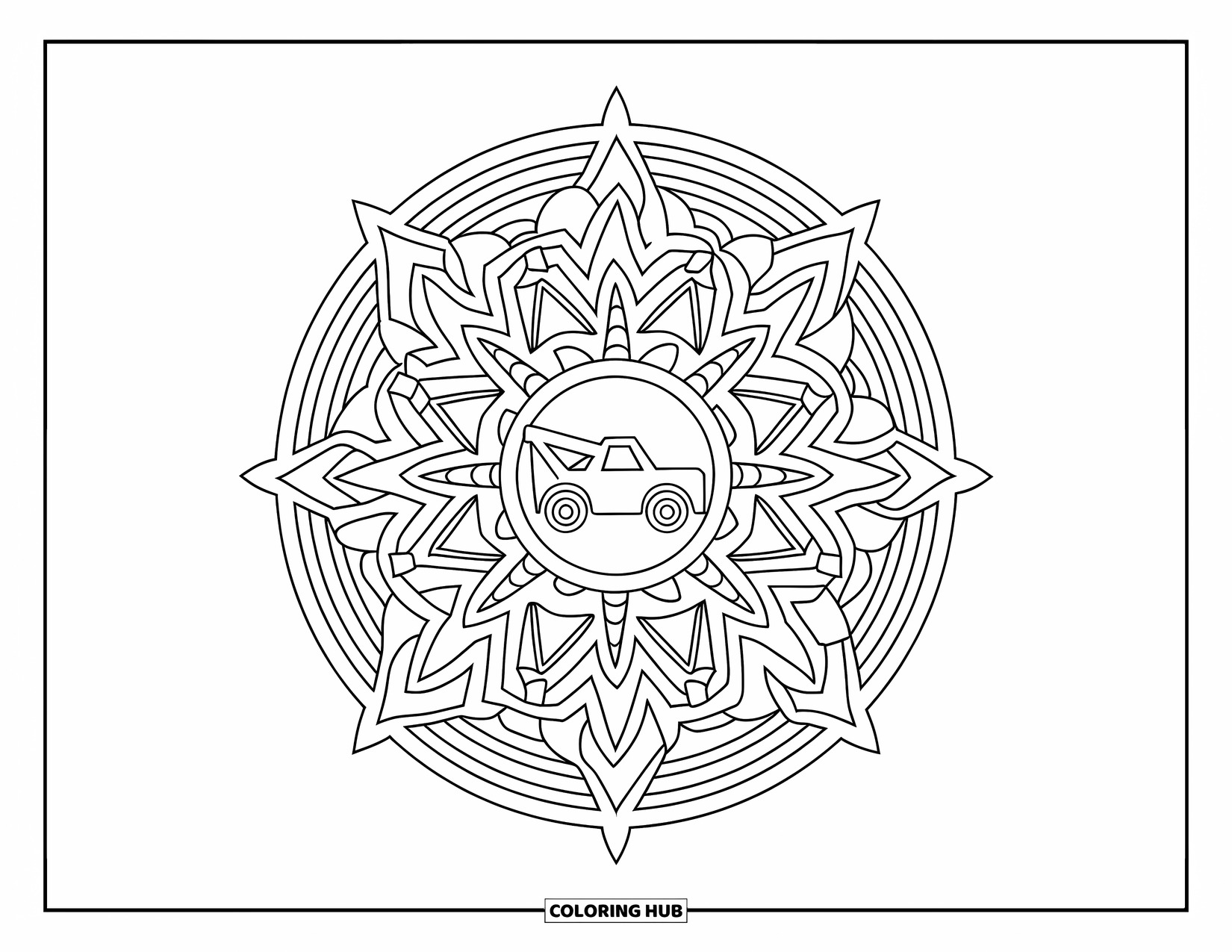 Tow Truck Coloring Page for Adults: Tow truck silhouette centered in a symmetrical mandala design