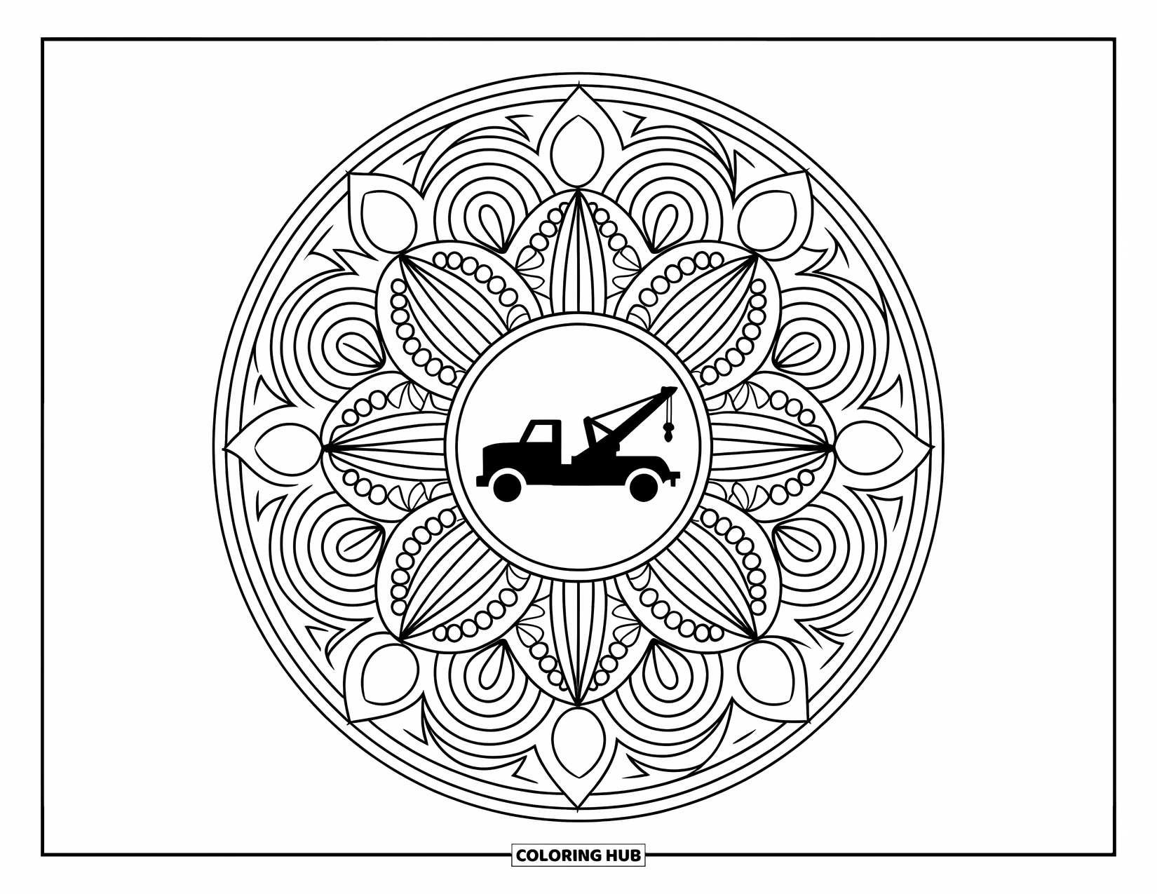 Tow Truck Coloring Page for Adults: Tow truck surrounded by intricate circles and triangles in a mandala layout