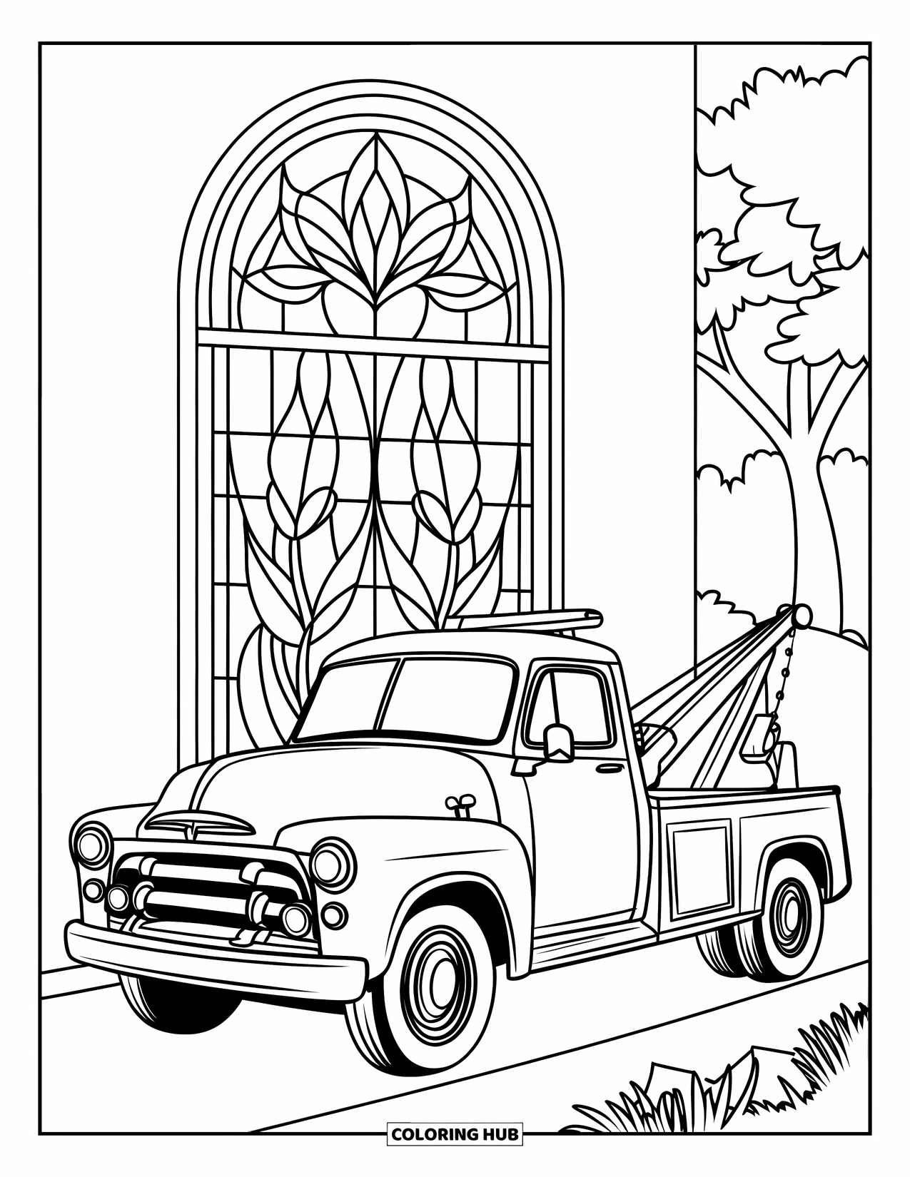 Tow Truck Coloring Page for Adults: Vintage tow truck with a floral stained glass window and peaceful setting