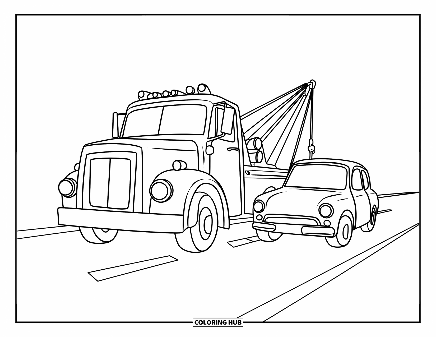 Tow Truck Coloring Page for Kids: A cheerful tow truck sits beside a tiny car on a big road