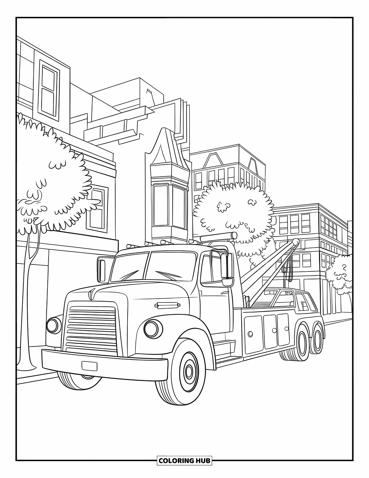 Tow Truck Coloring Page for Kids: A friendly tow truck carries a car through a charming city scene