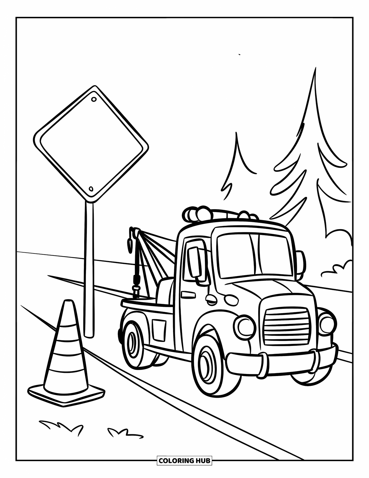 Tow Truck Coloring Page for Kids: A happy truck stands next to a cone and trees by the road