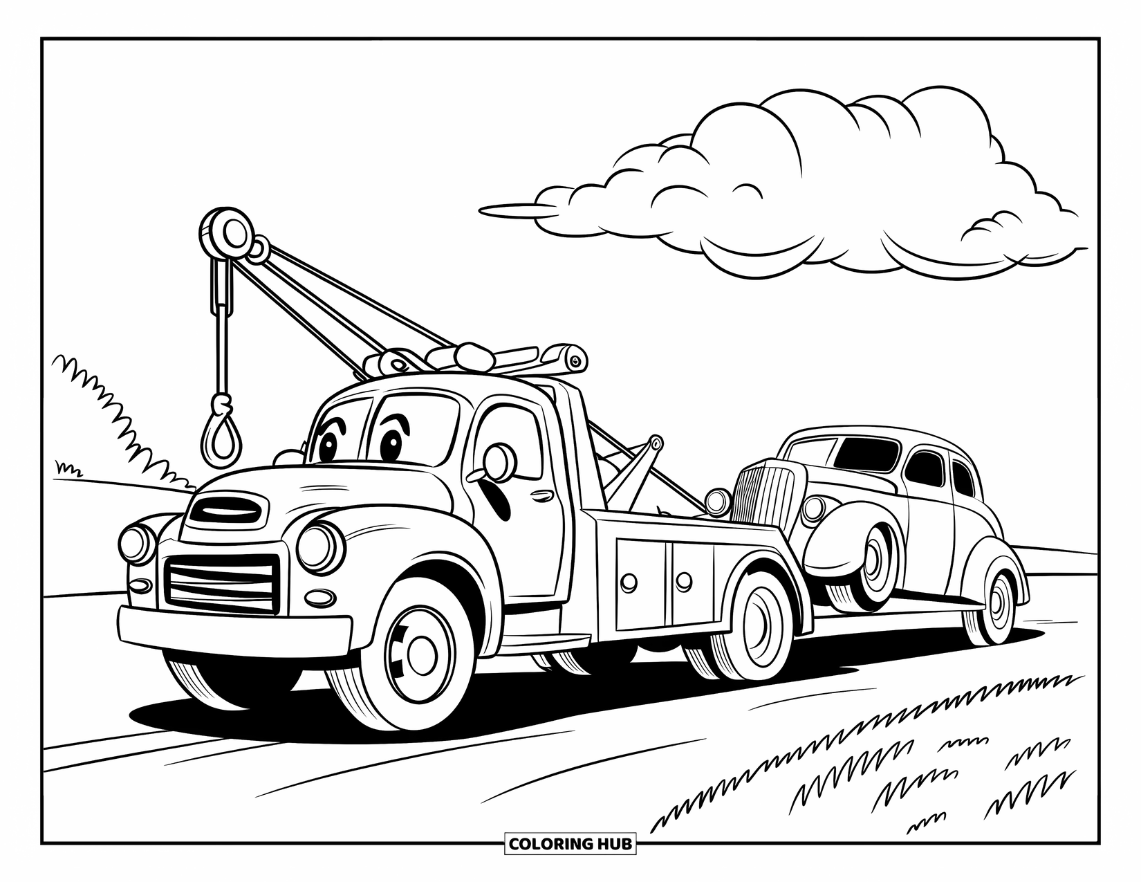 Tow Truck Coloring Page for Kids: A jolly truck and car cruise by a single cloud and open field