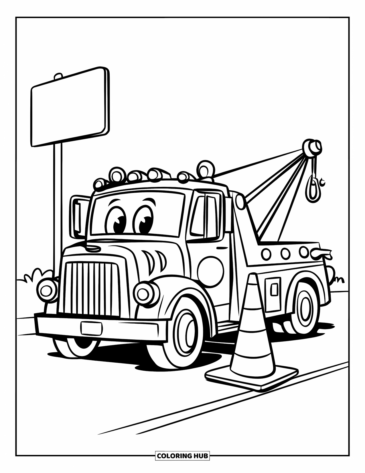 Tow Truck Coloring Page for Kids: A joyful tow truck stops by a cone and a street sign