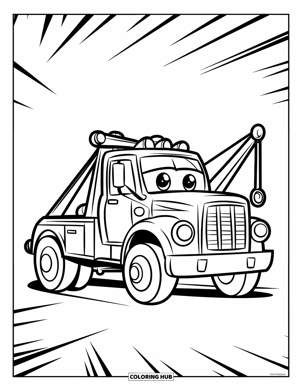 Tow Truck Coloring Page for Kids: A red, smiley tow truck beams brightly on a plain white scene