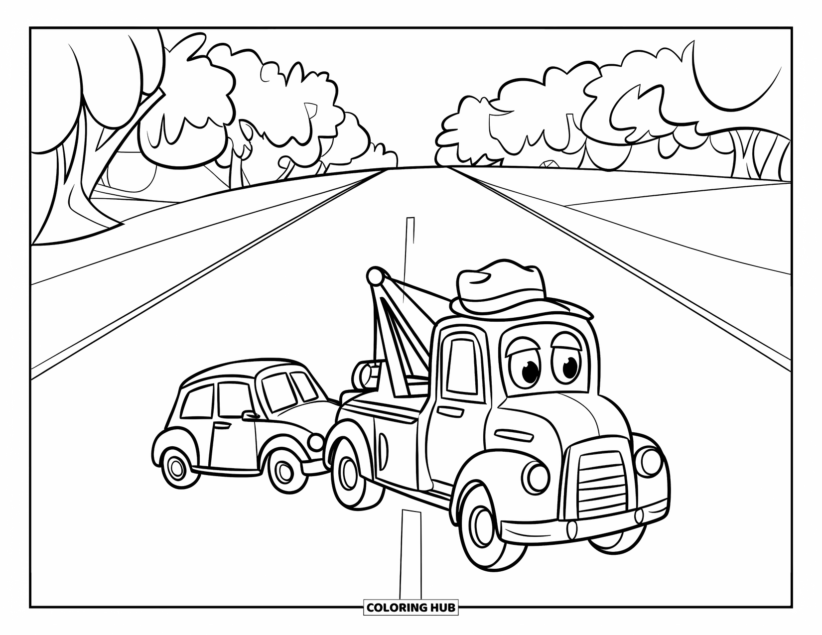 Tow Truck Coloring Page for Kids: A smiley tow truck in a hat helps a tilted little car