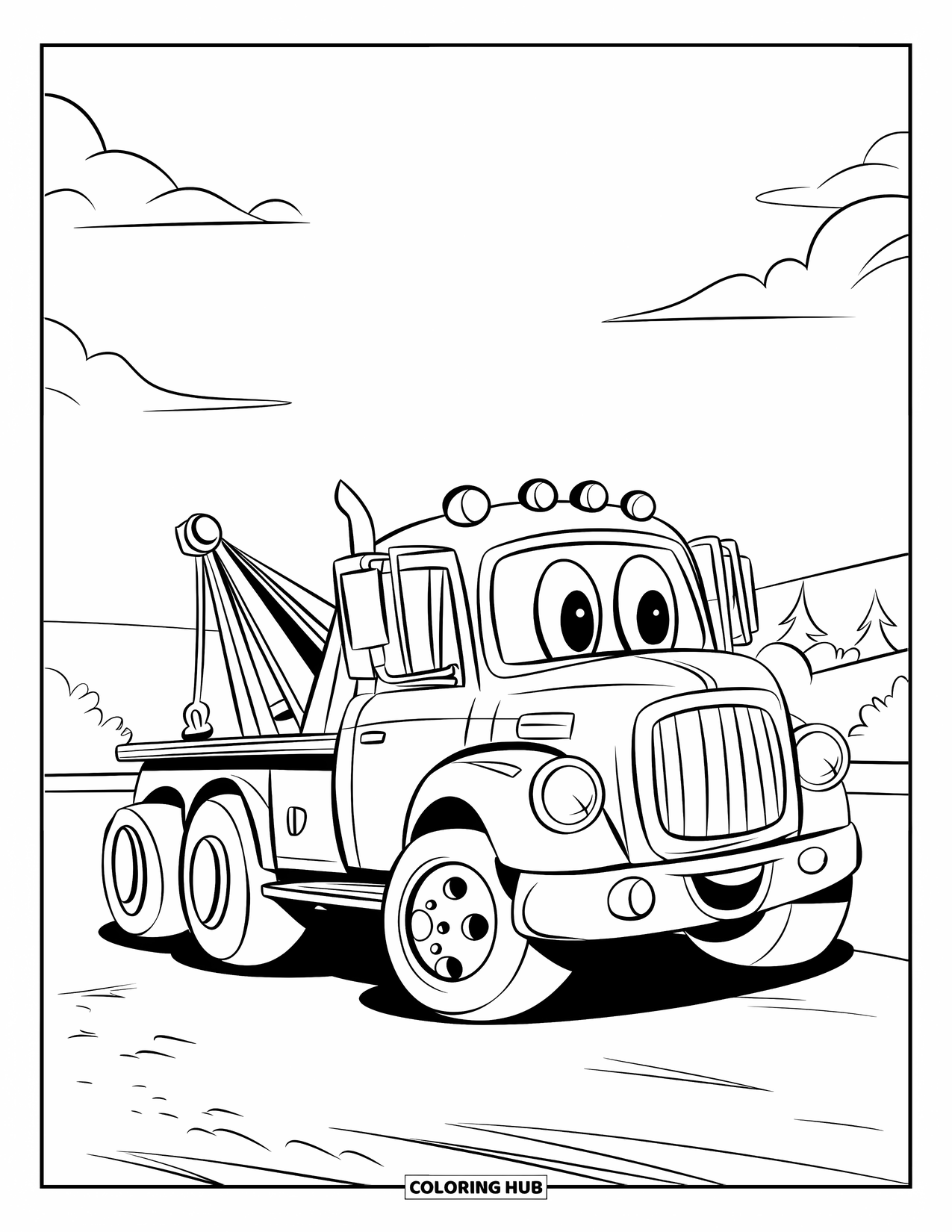 Tow Truck Coloring Page for Kids: A smiling truck with big eyes sits on a flatbed near trees and clouds
