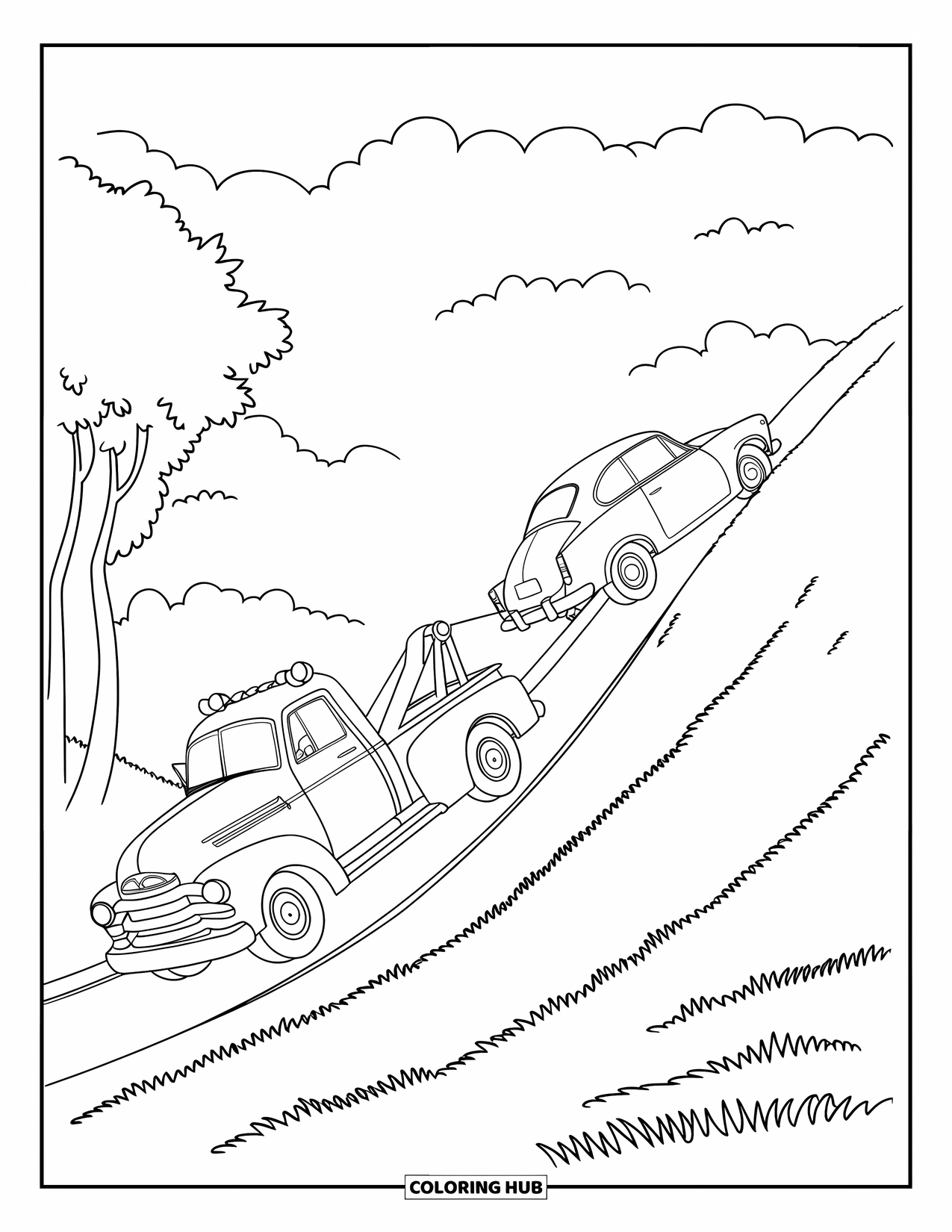 Tow Truck Coloring Page for Kids: Car is towed up a grassy slope by a smiling truck