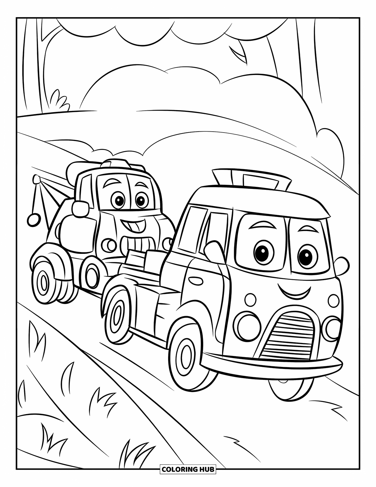 Tow Truck Coloring Page for Kids: Smiley tow truck pulls a happy van up a hill