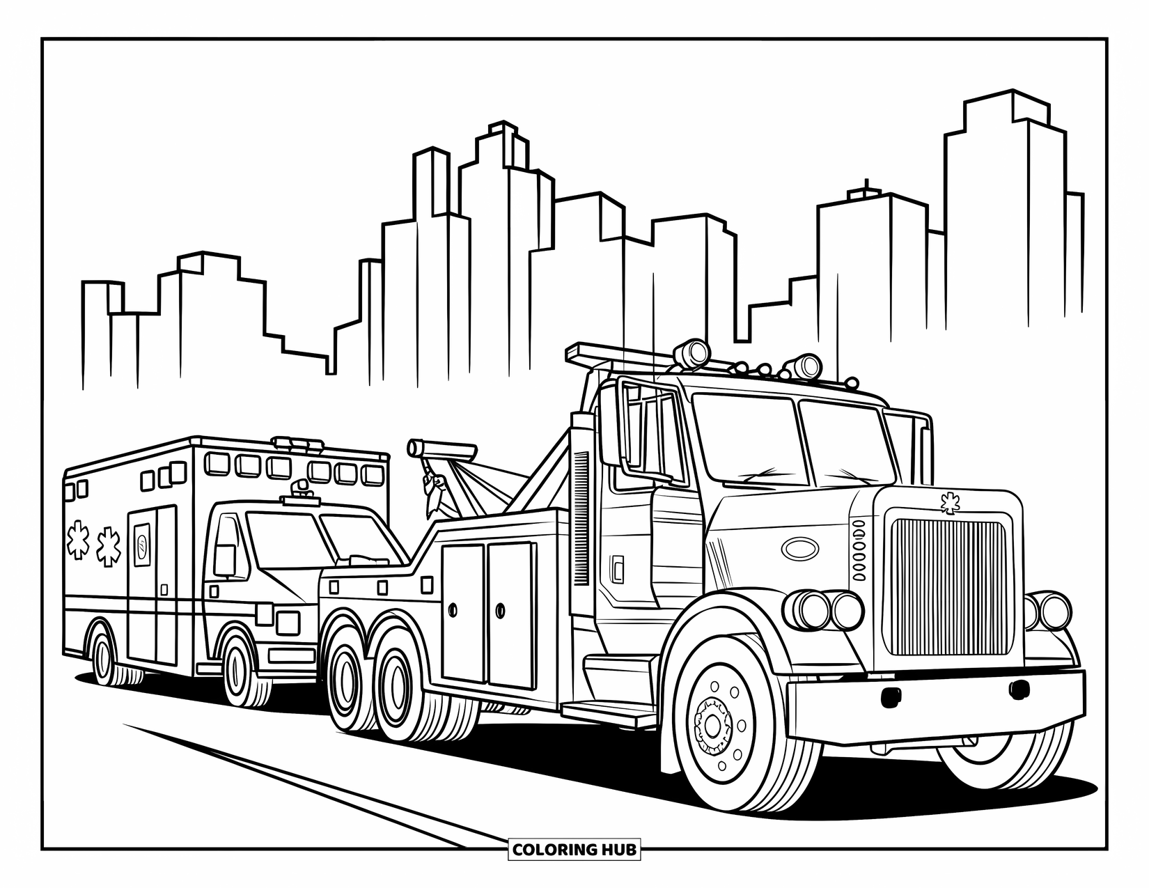 Tow Truck Coloring Page for Kids: Tow truck and ambulance respond to a rescue on a city street