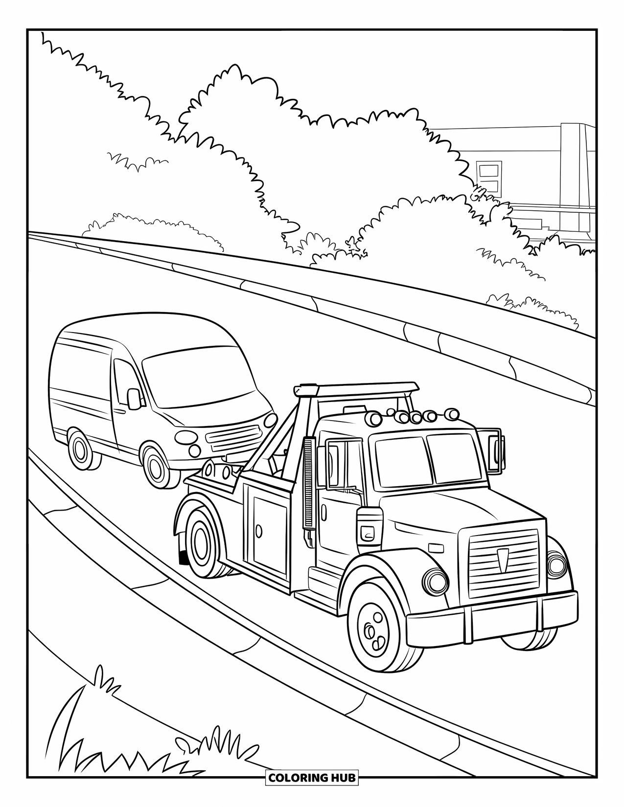 Tow Truck Coloring Page for Kids: Tow truck assists a van on a tree-lined slope