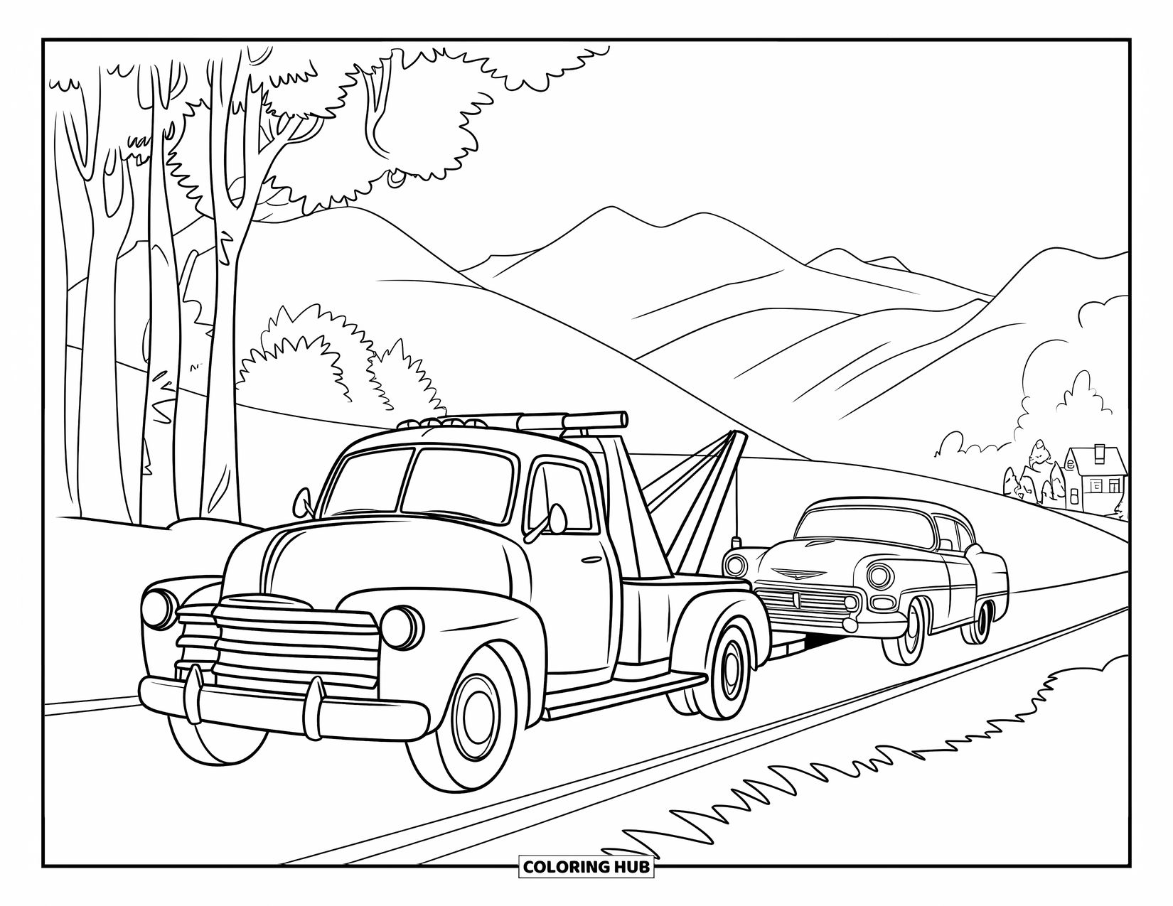 Tow Truck Coloring Page for Kids: Tow truck drives through the countryside with mountains behind