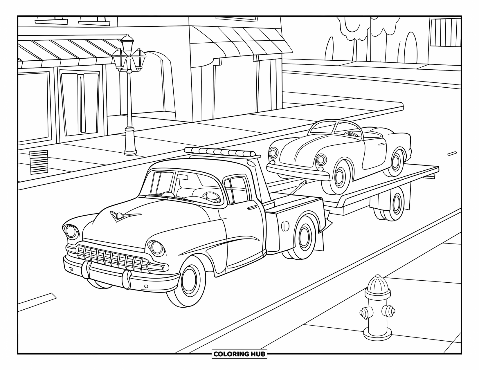 Tow Truck Coloring Page for Kids: Tow truck hauls a convertible through city streets with trees and signs