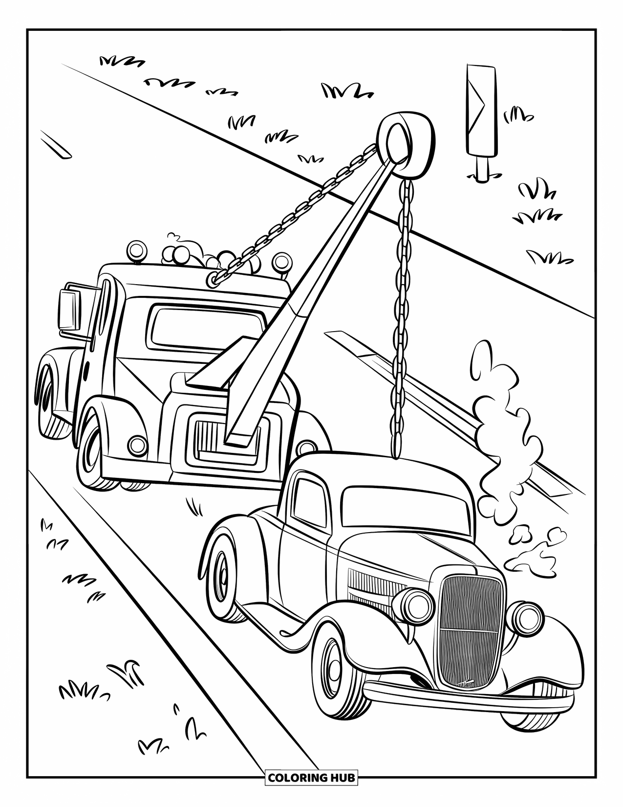 Tow Truck Coloring Page for Kids: Tow truck hauls a dented car with smoke trailing behind