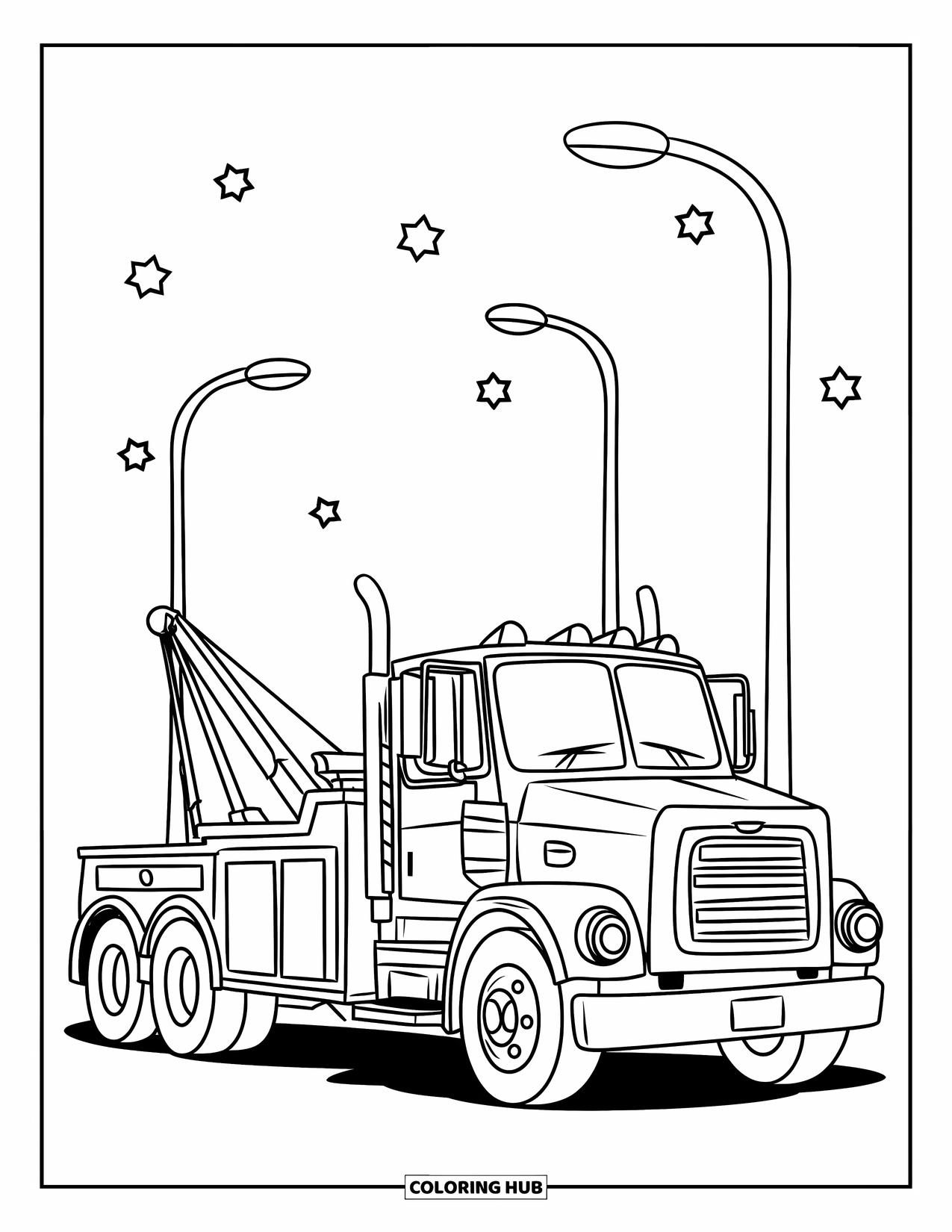 Tow Truck Coloring Page for Kids: Tow truck lifts a car under starry night skies
