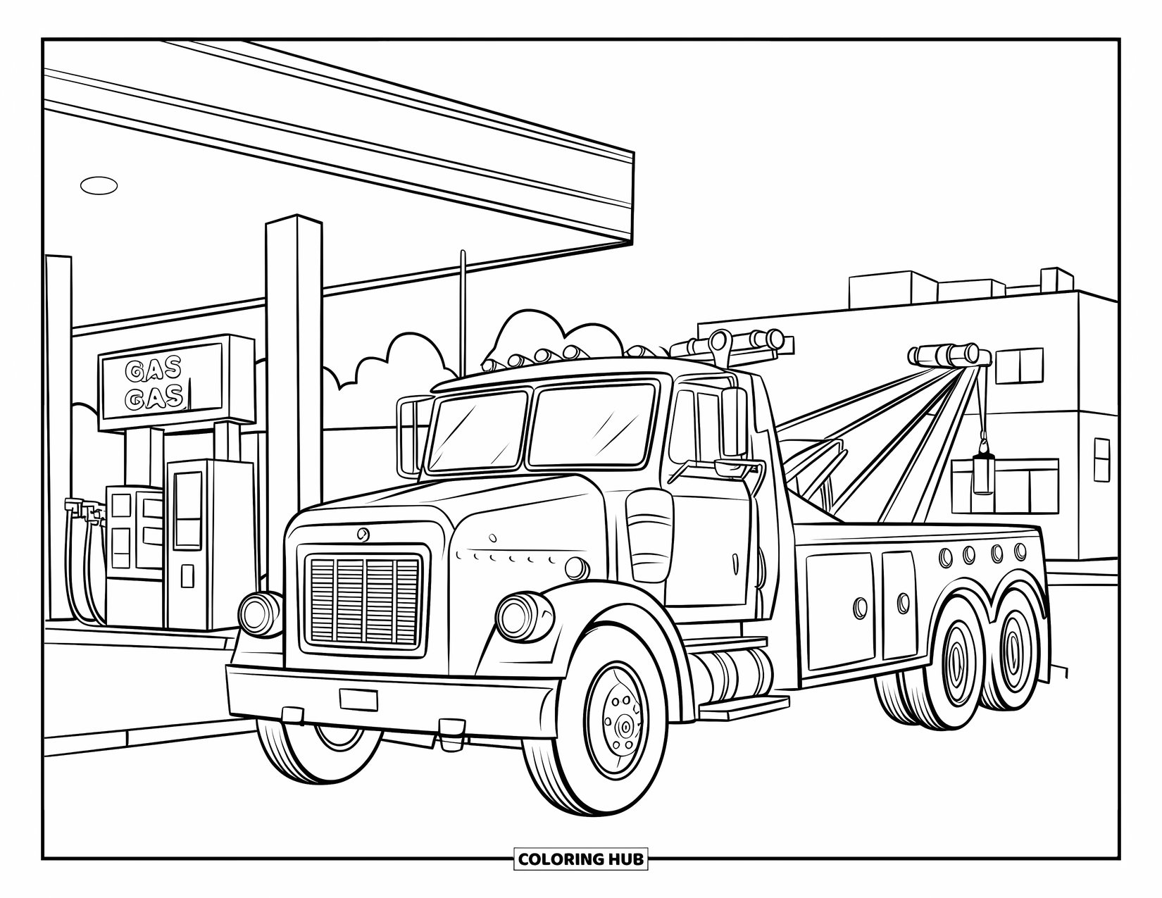 Tow Truck Coloring Page for Kids: Tow truck parks near a gas station with pumps and signs