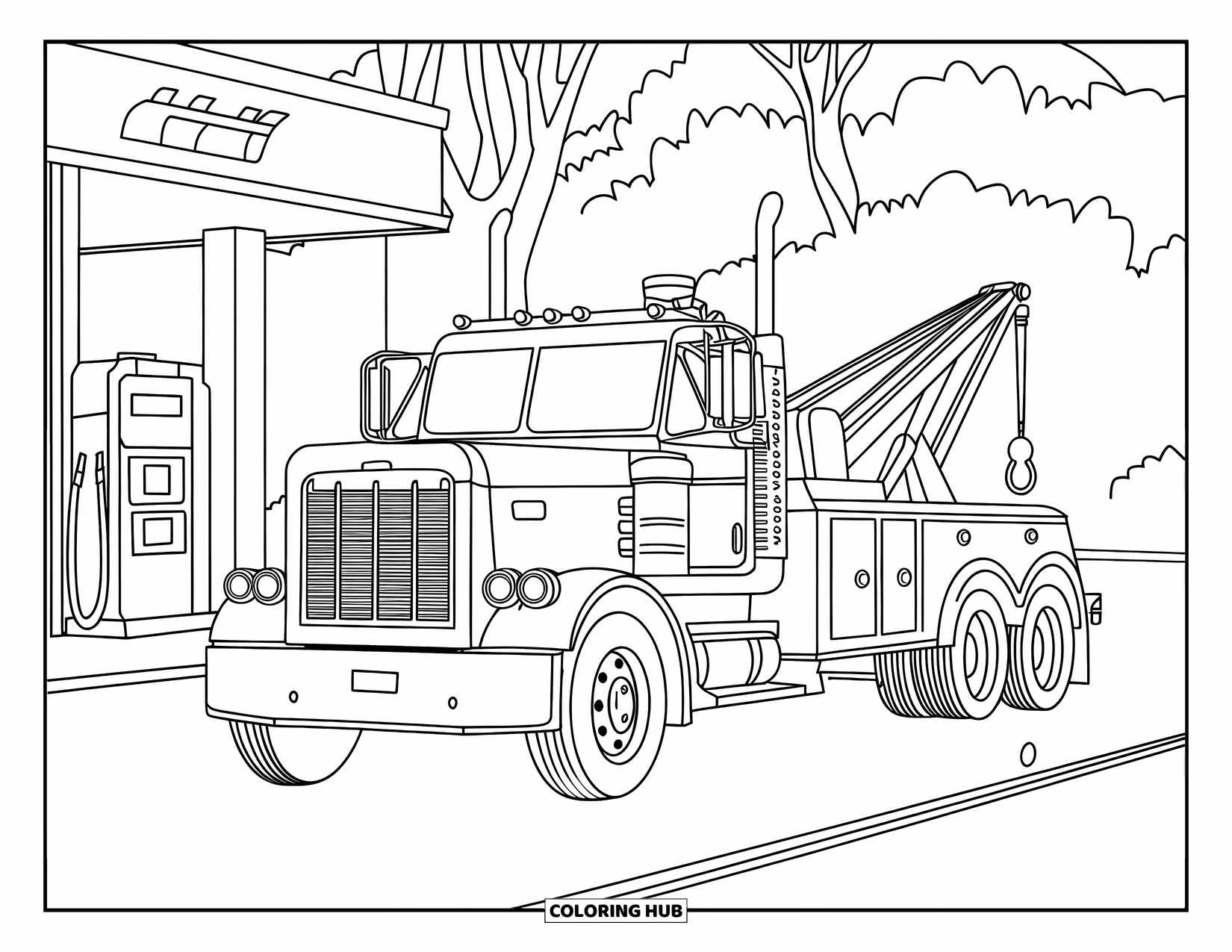 Tow Truck Coloring Page for Kids: Tow truck parks near pumps with trees and roads around