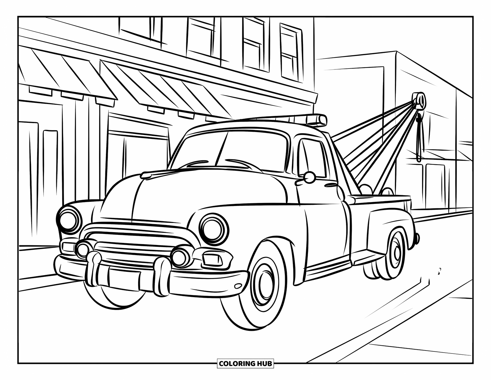 Tow Truck Coloring Page for Kids: Tow truck pulls a classic car through a busy downtown street