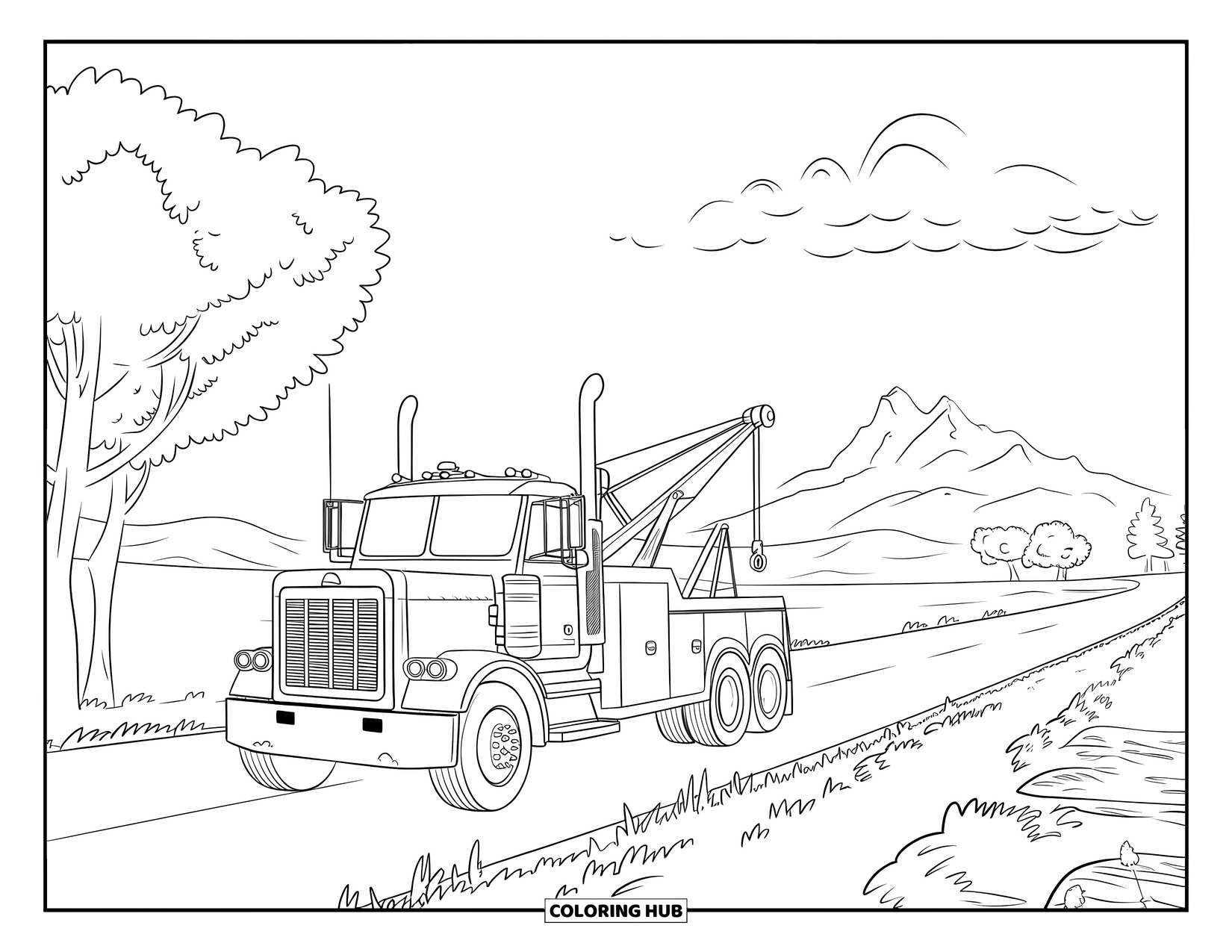 Tow Truck Coloring Page for Kids: Truck drives through the country with trees and a mountain view
