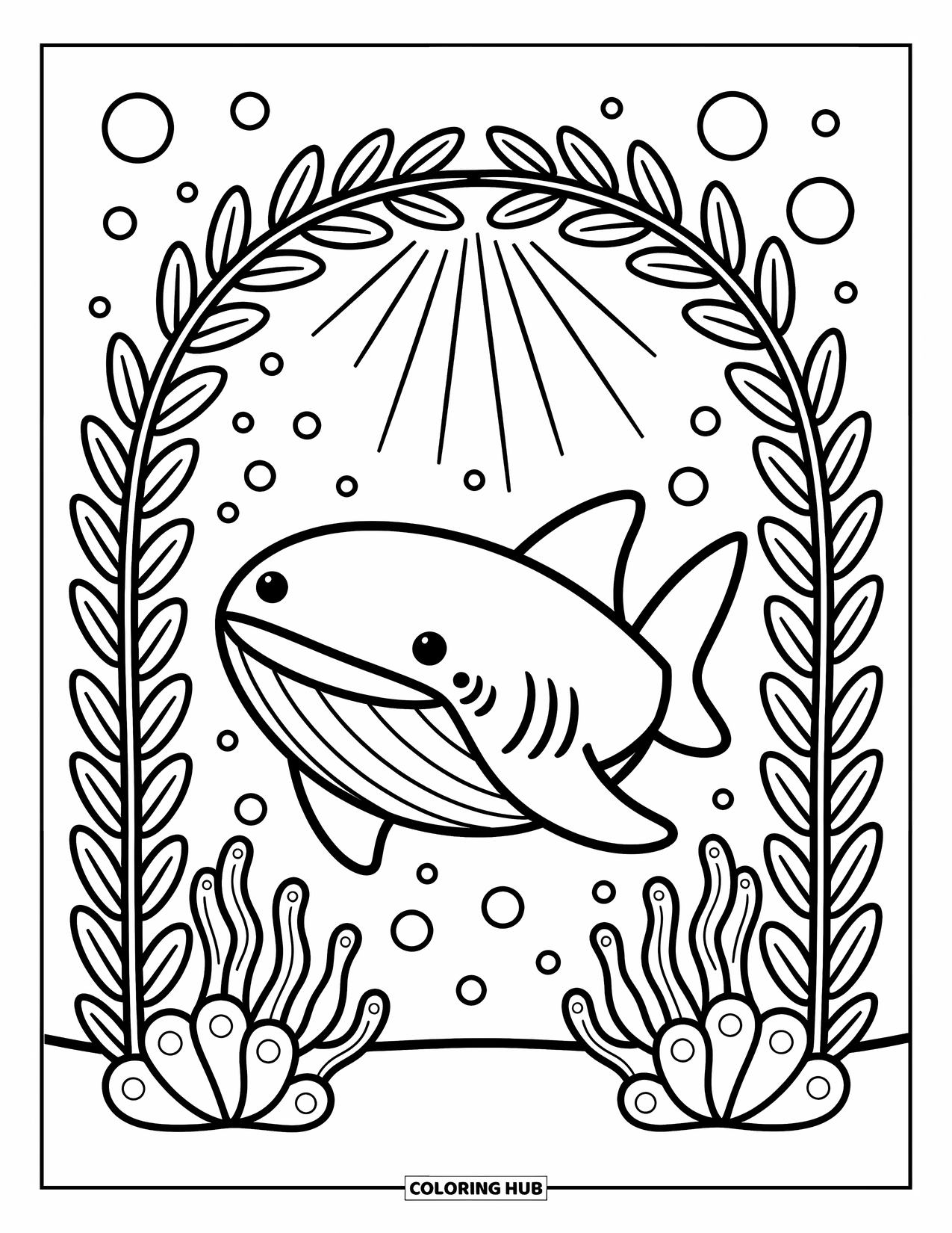 Whale Shark Coloring Page for Adults: Calm whale shark glides near seaweed arches with bubbles and rays