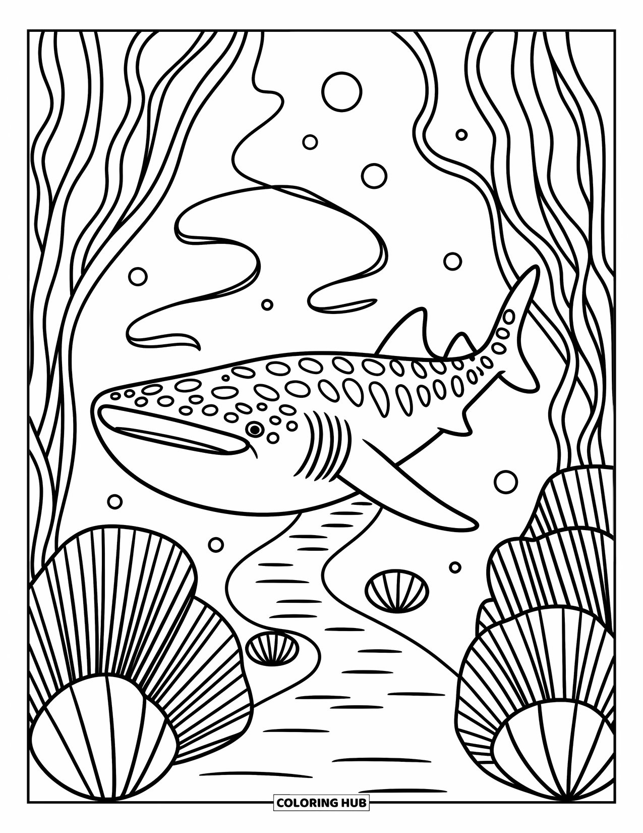 Whale Shark Coloring Page for Adults: Graceful whale shark moves through kelp, coral, and scallop-studded sea floor