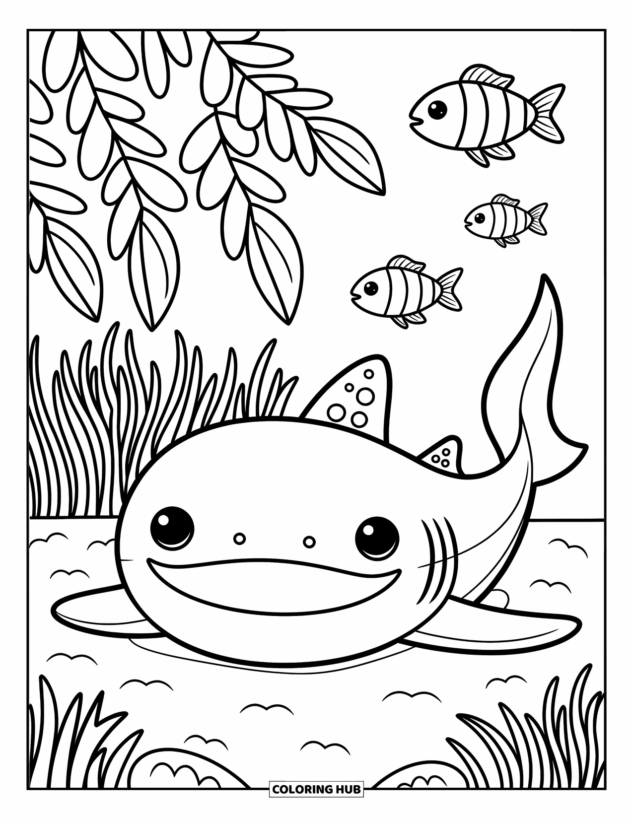 Whale Shark Coloring Page for Adults: Peaceful whale shark rests with fish and gently swaying kelp