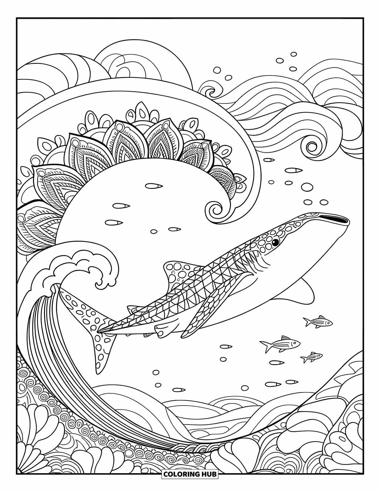 Whale Shark Coloring Page for Adults: Shark swims beside mandala waves and lotus-shaped fish